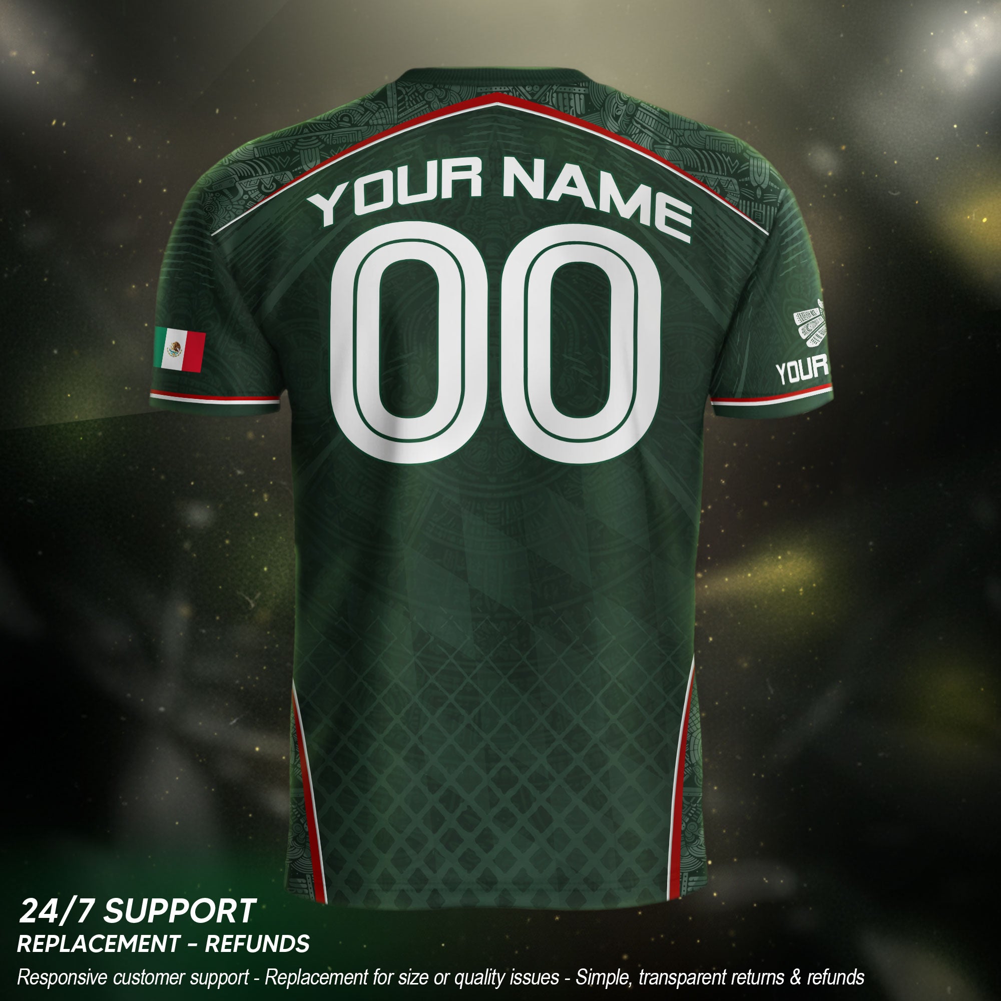 Camiseta de fútbol premium con emblema de águila azteca verde y dorado de México