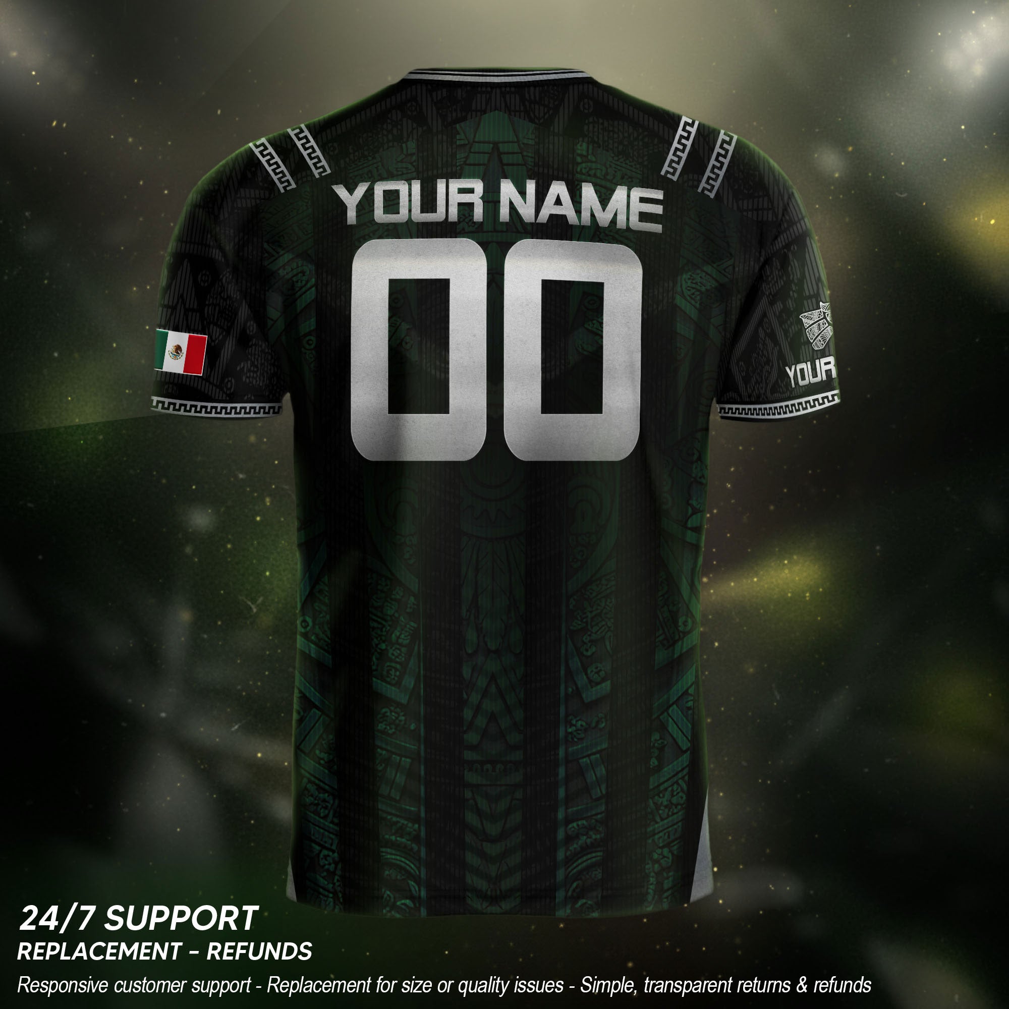 Camiseta de fútbol premium con emblema de águila azteca verde y dorado de México