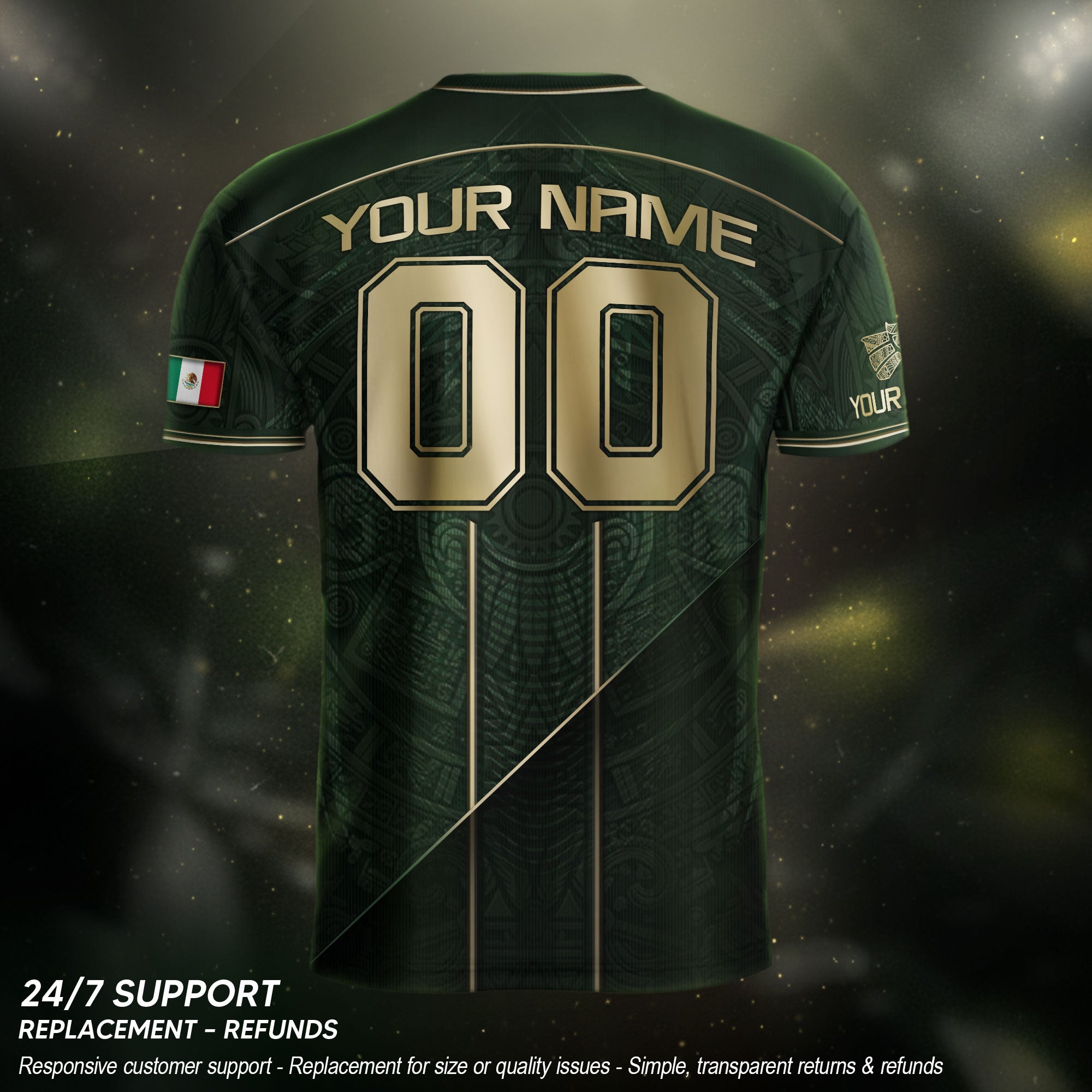 Camiseta de fútbol premium con emblema de águila azteca verde y dorado de México