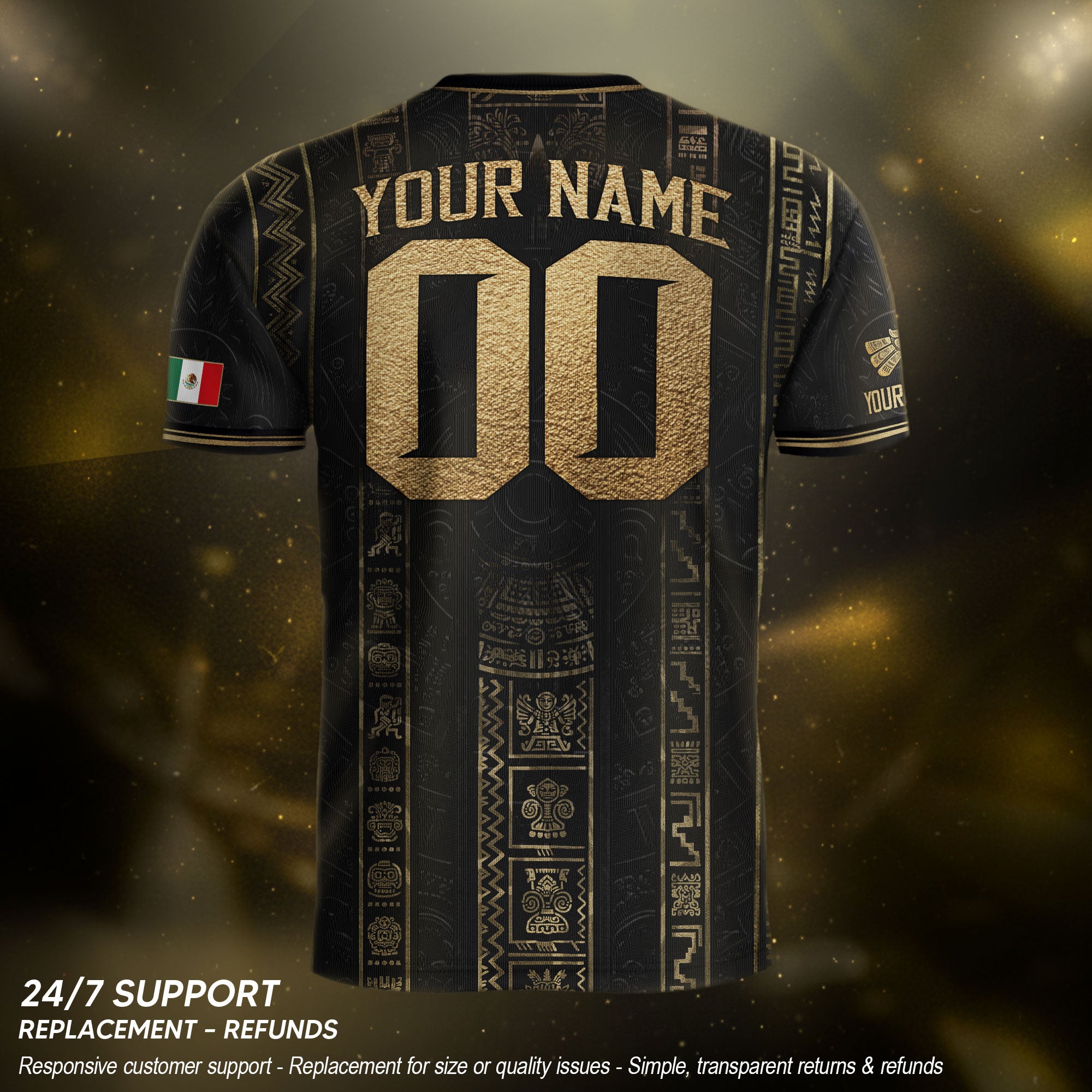 Mexico Soccer Jersey Personalized Name Number Black Aztec Glyph Black Football Kit