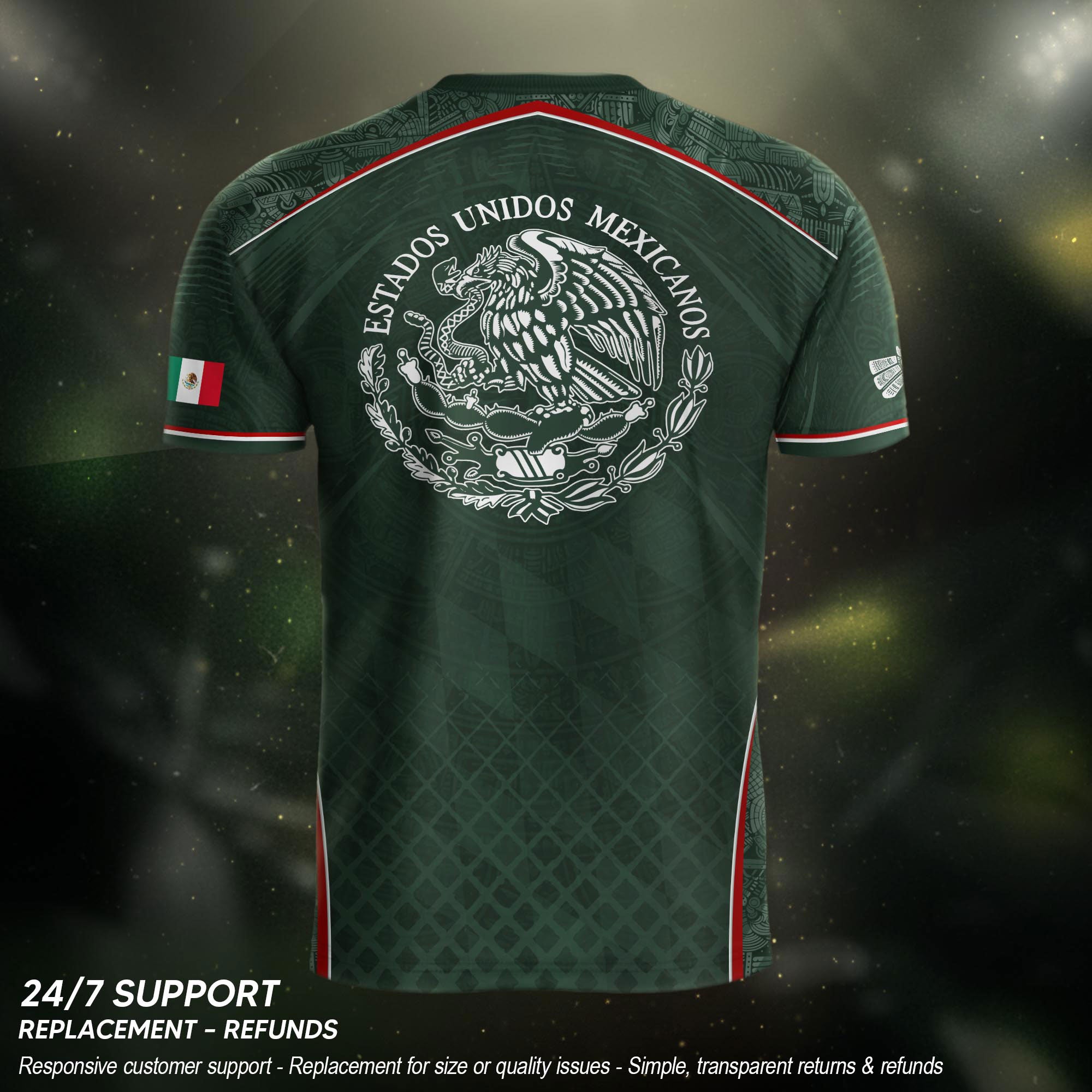 Camiseta de fútbol premium con emblema de águila azteca verde y dorado de México