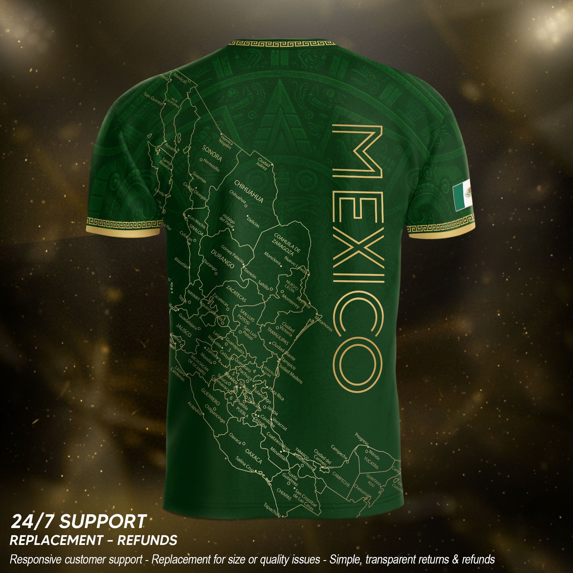 Camiseta de fútbol premium con emblema de águila azteca verde y dorado de México