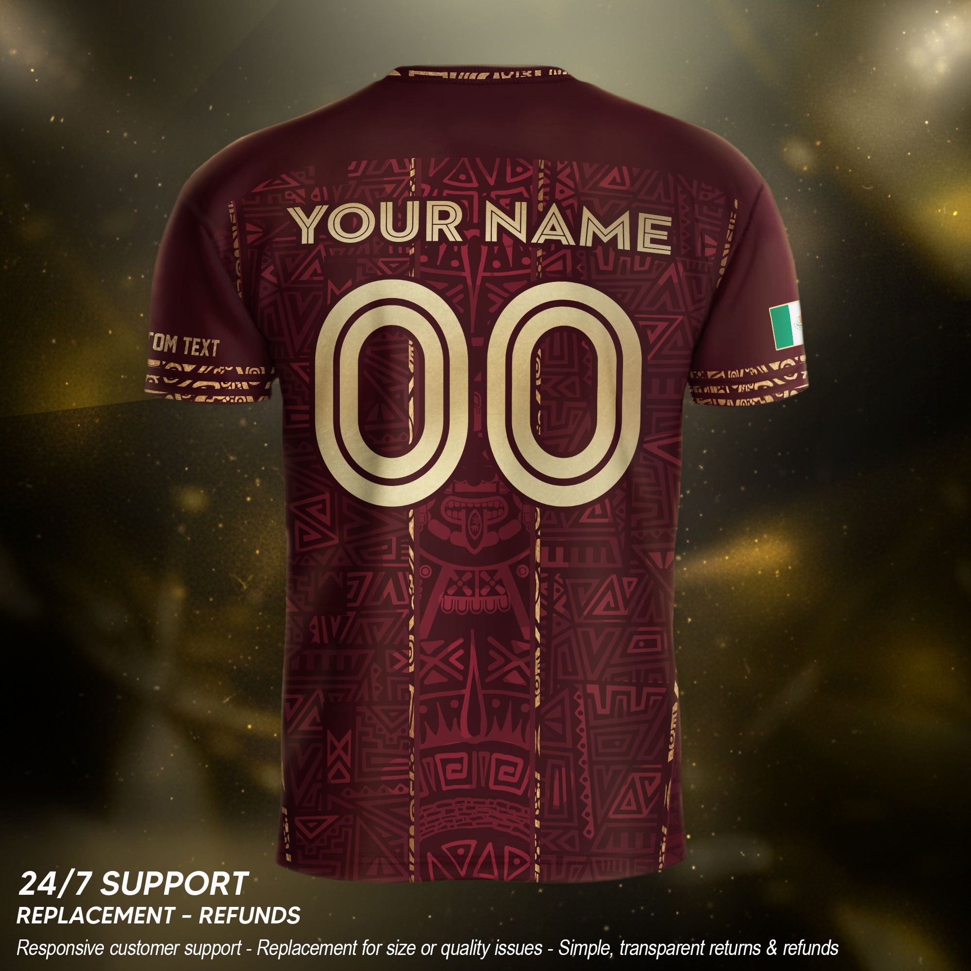 Mexico Soccer Jersey - Aztec Mayan Heritage Pattern - Personalized Maroon Football Shirt