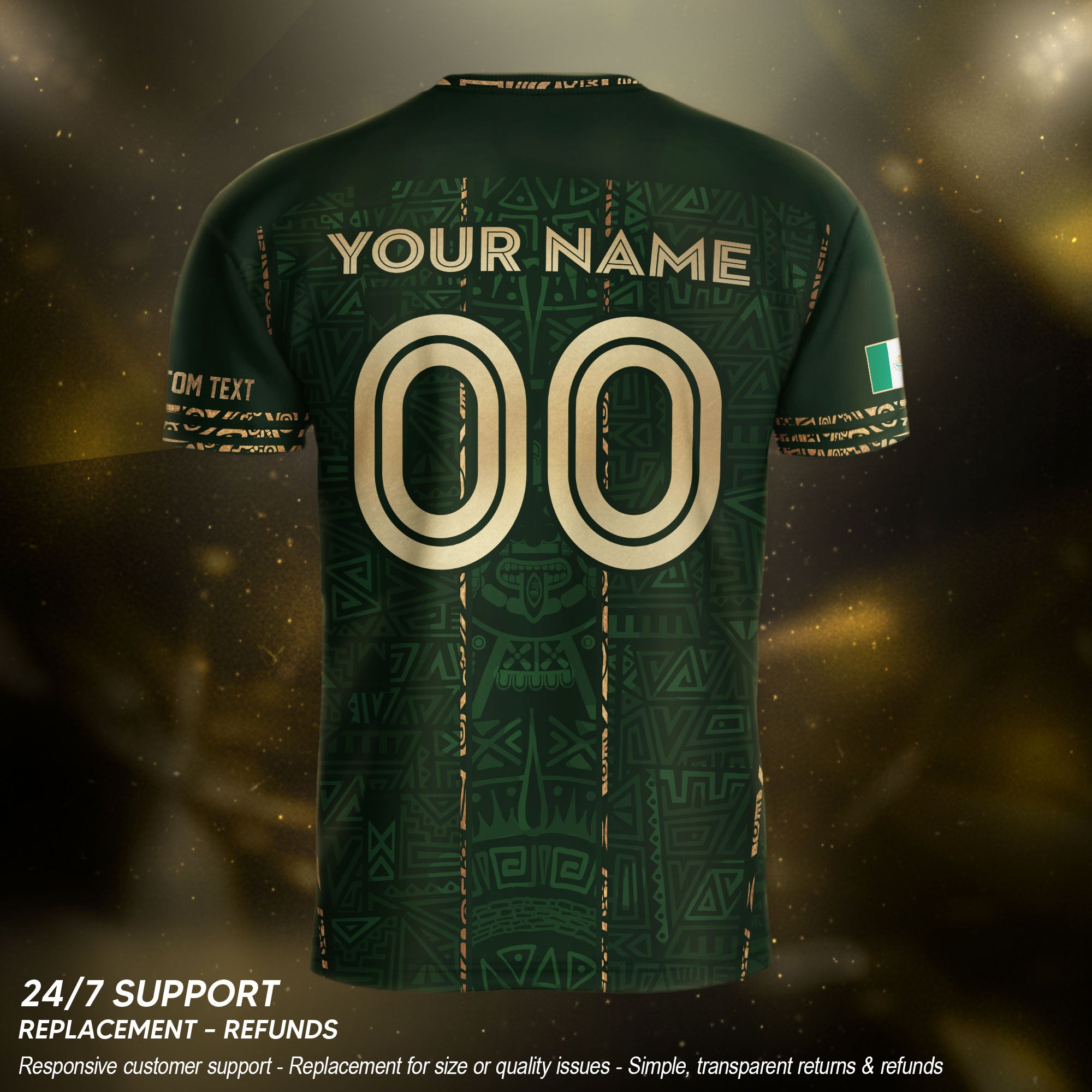 Mexico Soccer Jersey Custom Name - Green Aztec Heritage Pattern Tribal Football Shirt