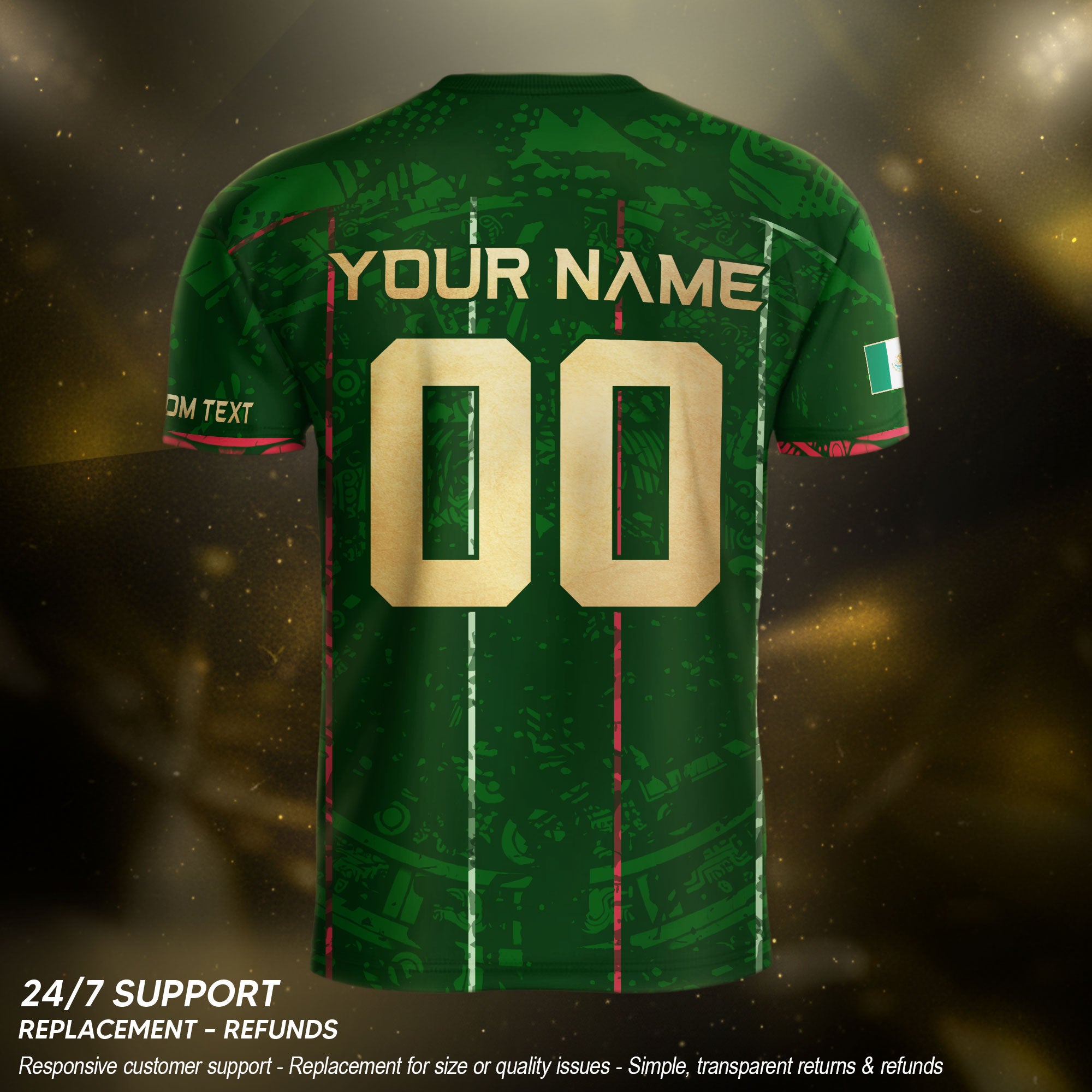 Custom Mexico Soccer Jersey – Green Aztec Pattern Striped Football Shirt with Custom Name Number