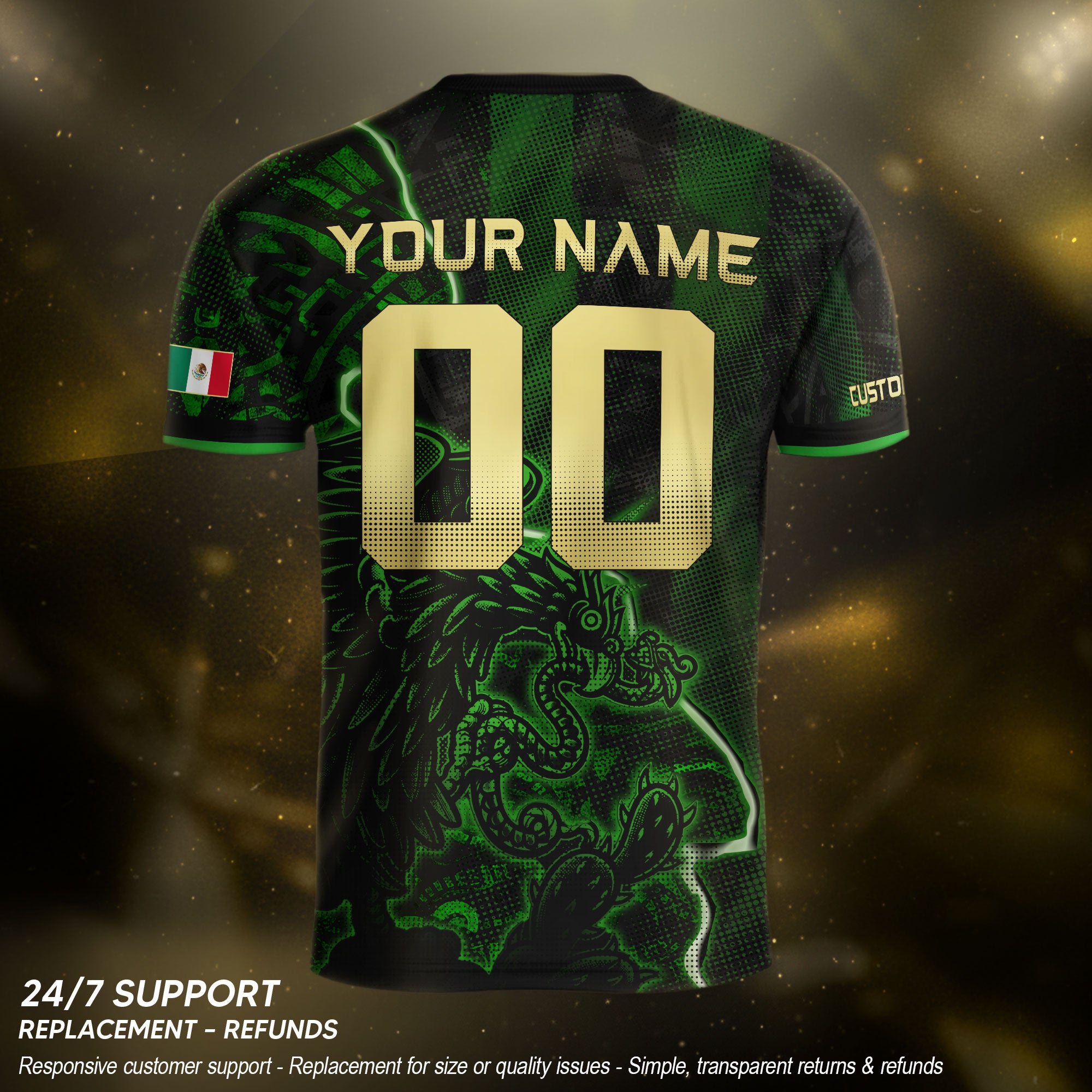 Custom Mexico Soccer Jersey – Black Green Aztec Serpent Lightning
