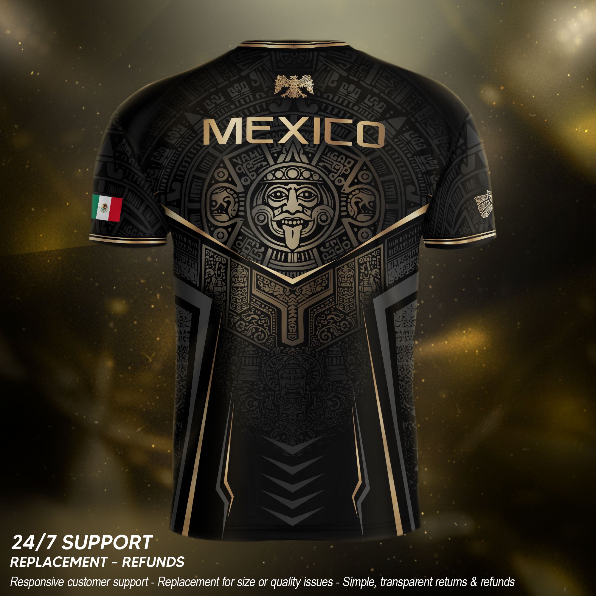 Camiseta de fútbol premium con emblema de águila azteca verde y dorado de México