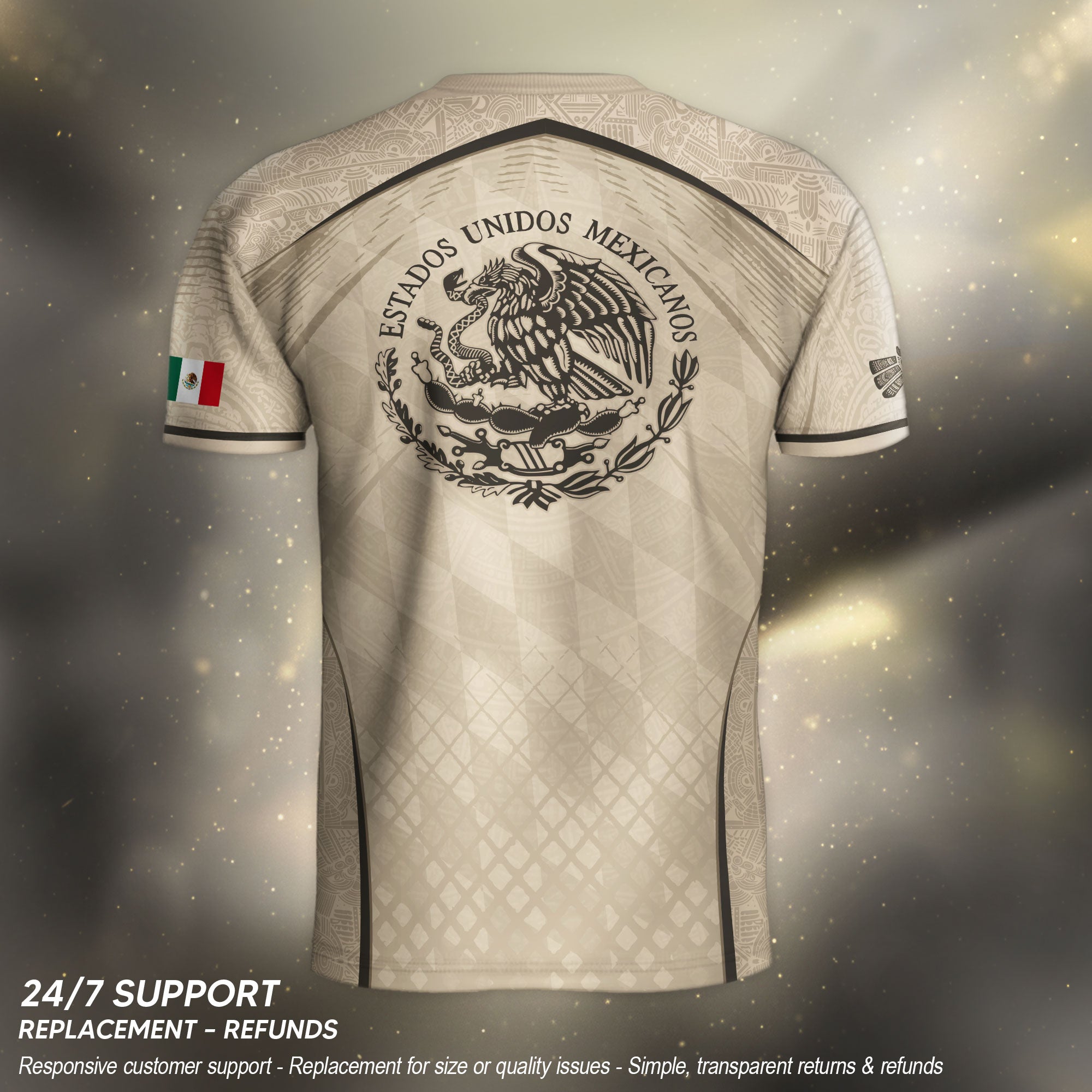 Camiseta de fútbol premium con emblema de águila azteca verde y dorado de México