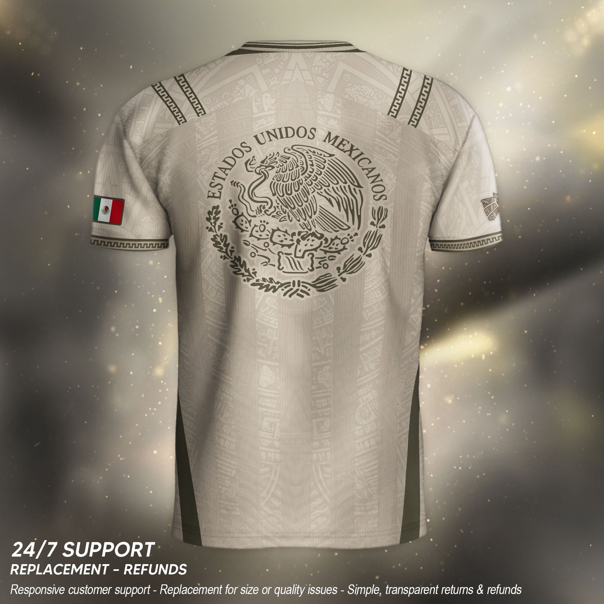Camiseta de fútbol premium con emblema de águila azteca verde y dorado de México