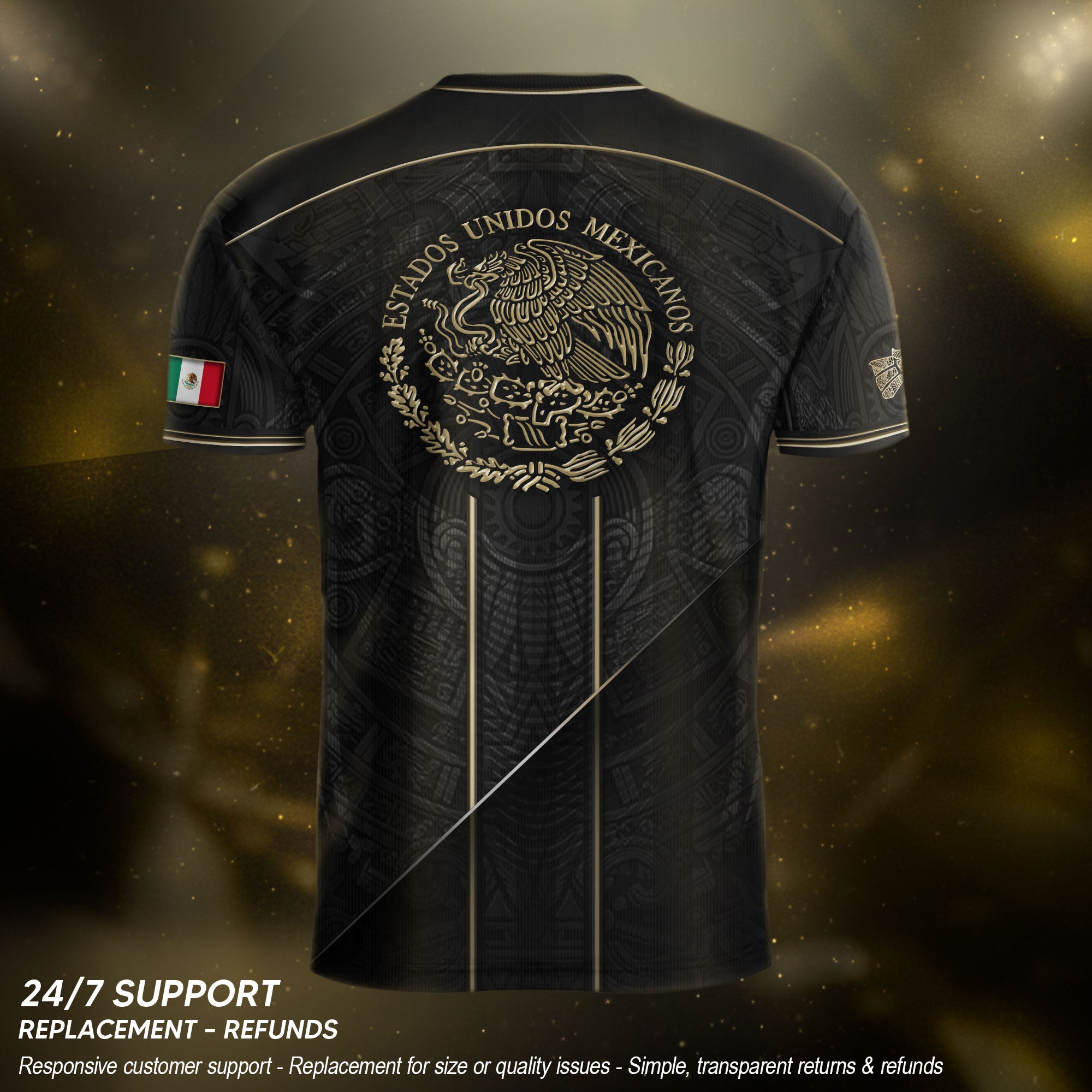 Camiseta de fútbol premium con emblema de águila azteca verde y dorado de México