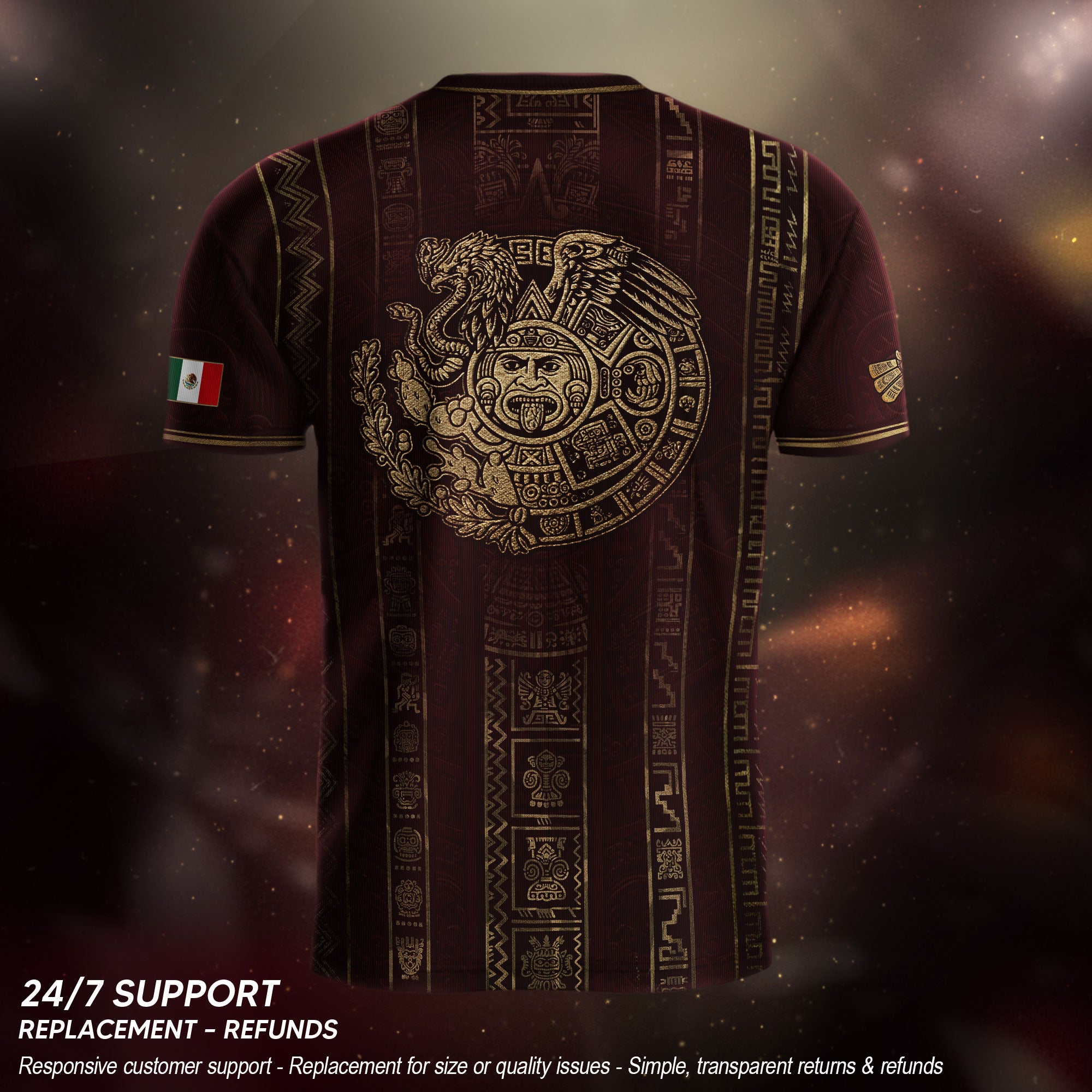 Camiseta de fútbol premium con emblema de águila azteca verde y dorado de México