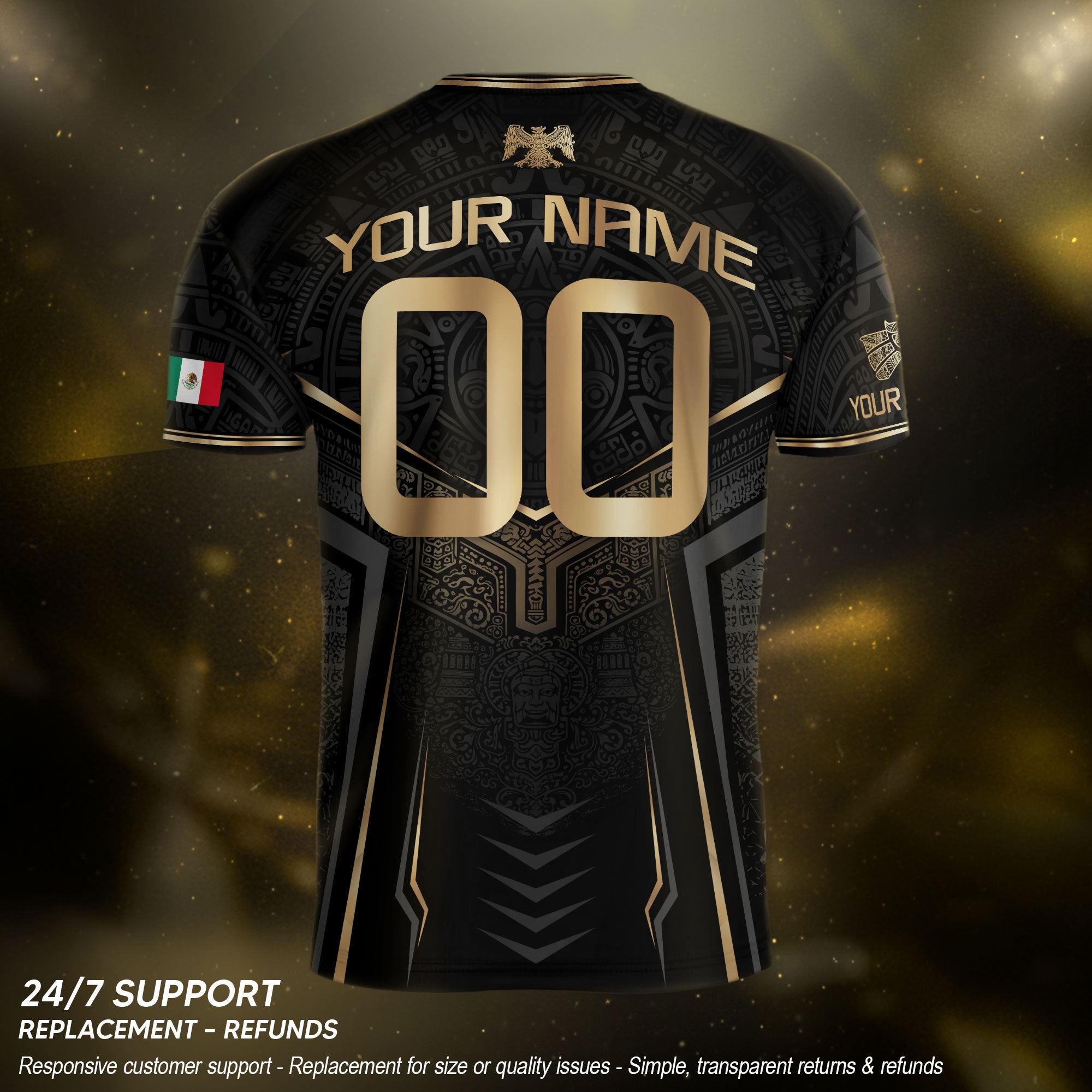 Camiseta de fútbol premium con emblema de águila azteca verde y dorado de México