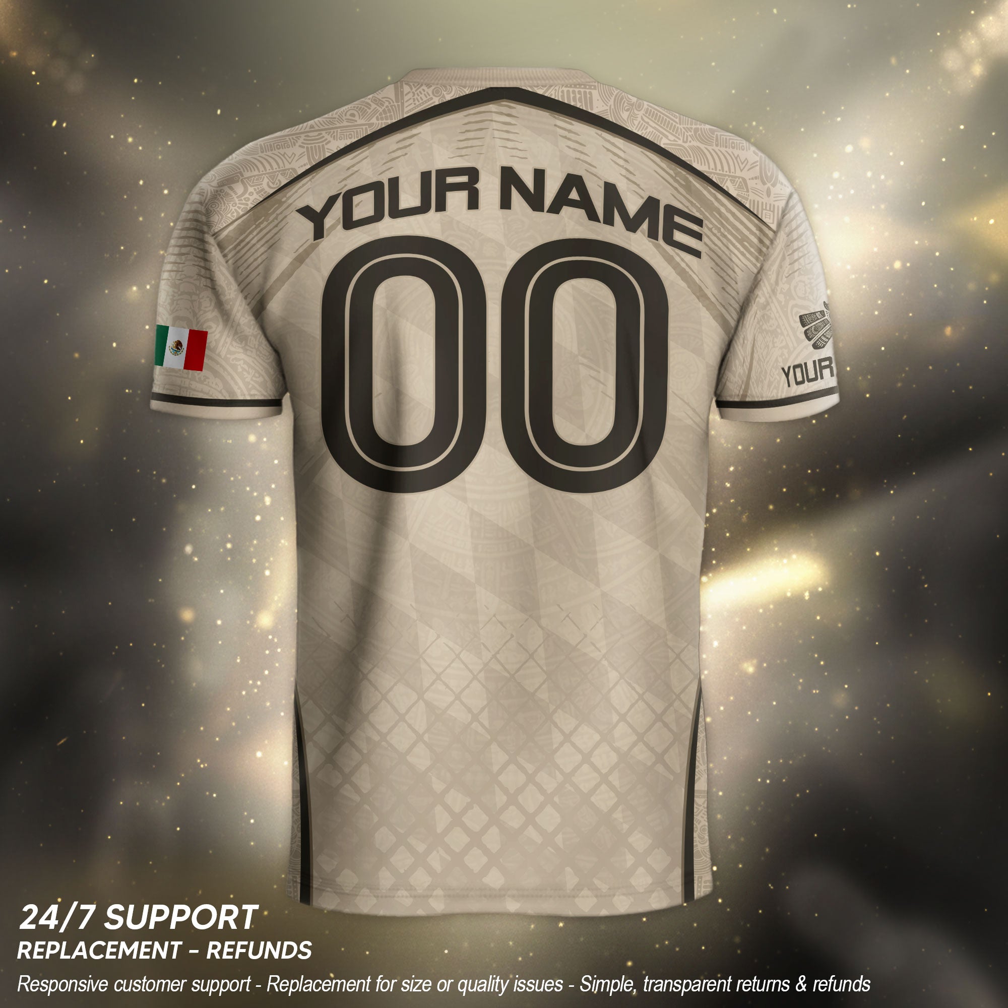 Camiseta de fútbol premium con emblema de águila azteca verde y dorado de México
