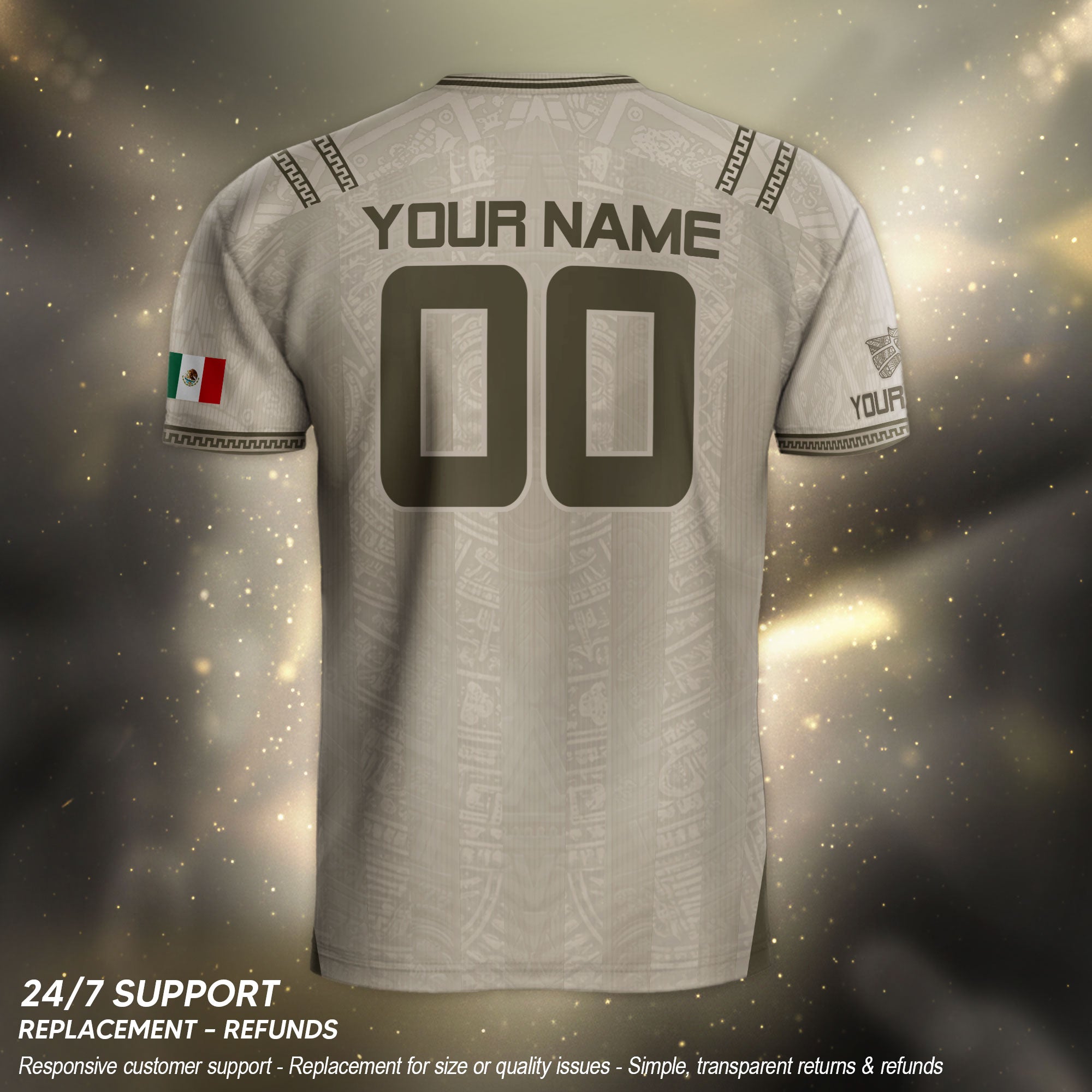 Camiseta de fútbol premium con emblema de águila azteca verde y dorado de México