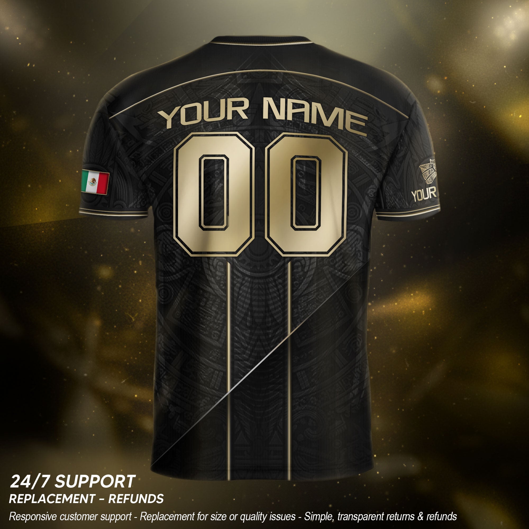 Camiseta de fútbol premium con emblema de águila azteca verde y dorado de México