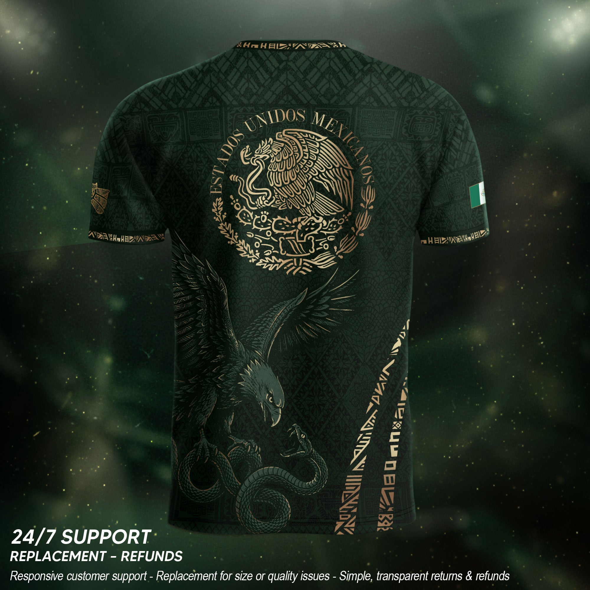Camiseta de fútbol premium con emblema de águila azteca verde y dorado de México