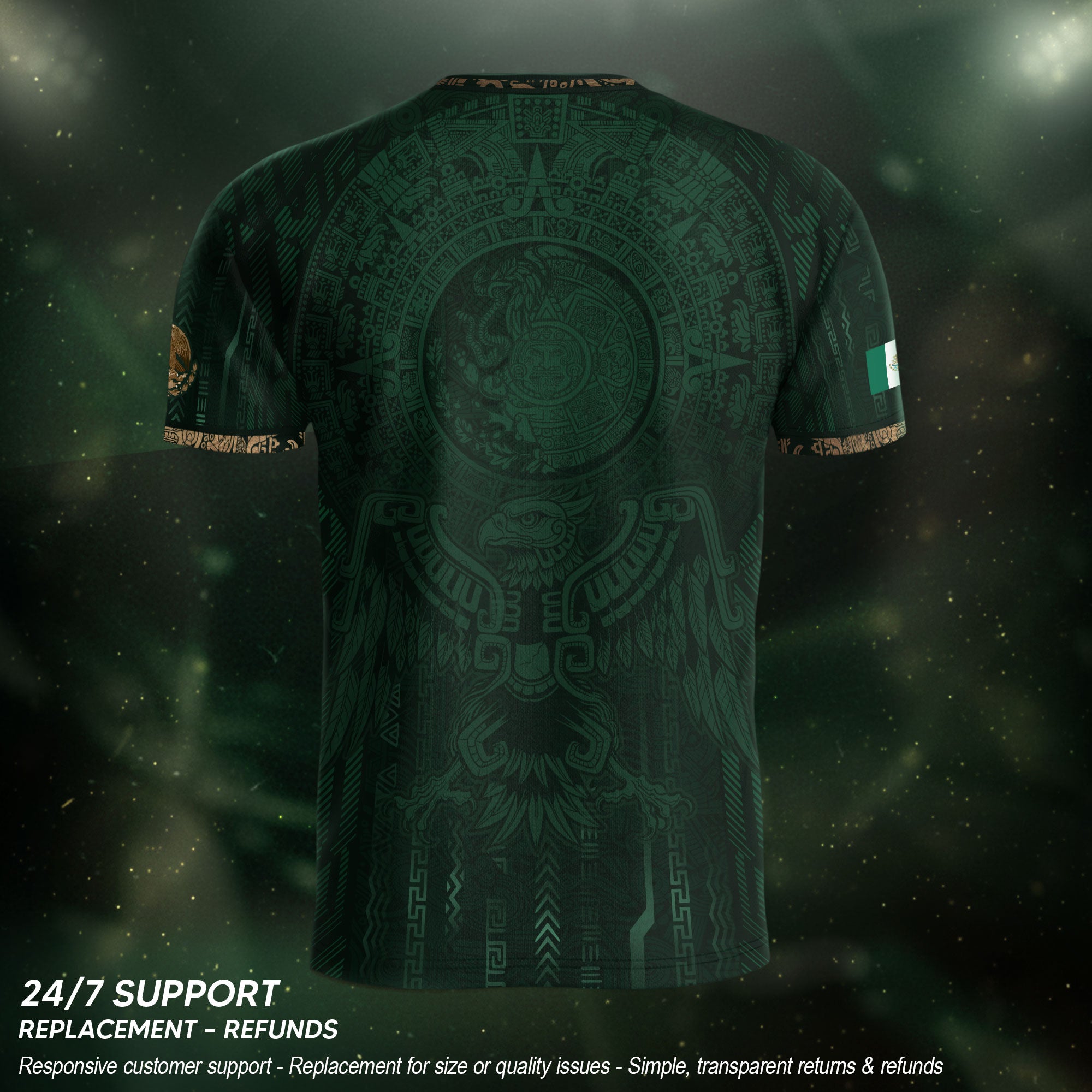 Camiseta de fútbol premium con emblema de águila azteca verde y dorado de México