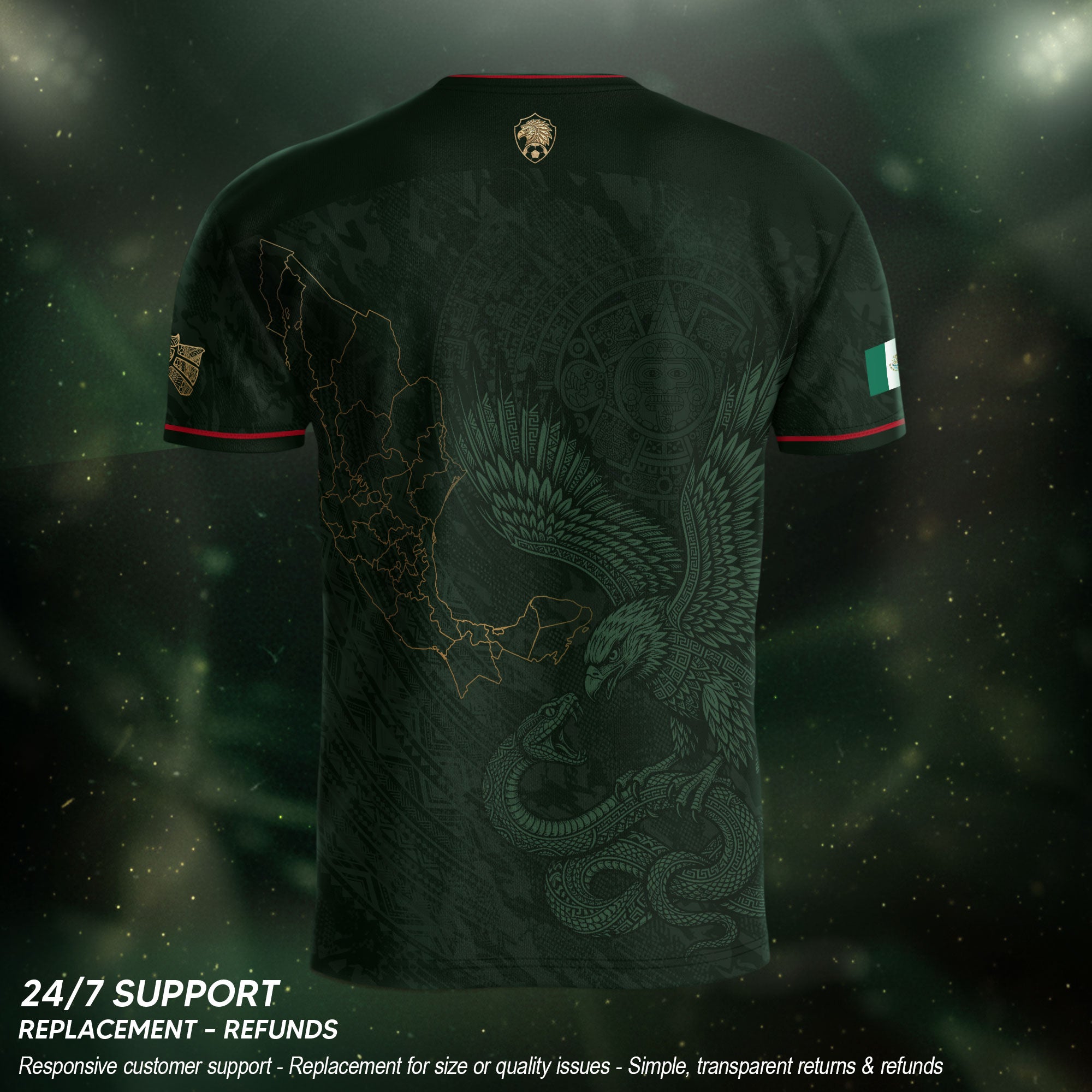 Camiseta de fútbol premium con emblema de águila azteca verde y dorado de México