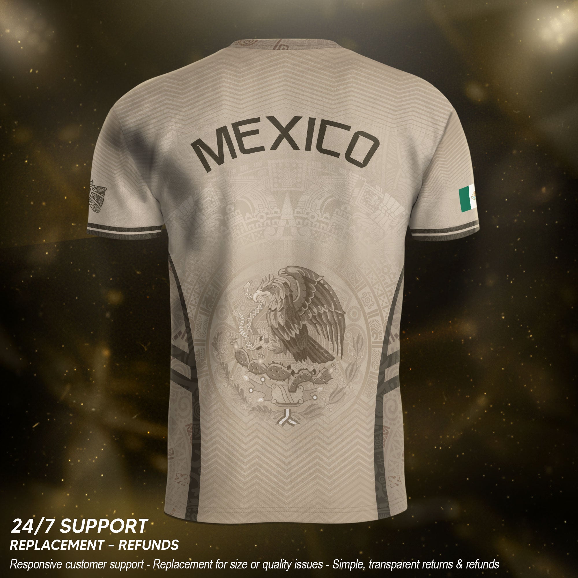 Camiseta de fútbol premium con emblema de águila azteca verde y dorado de México