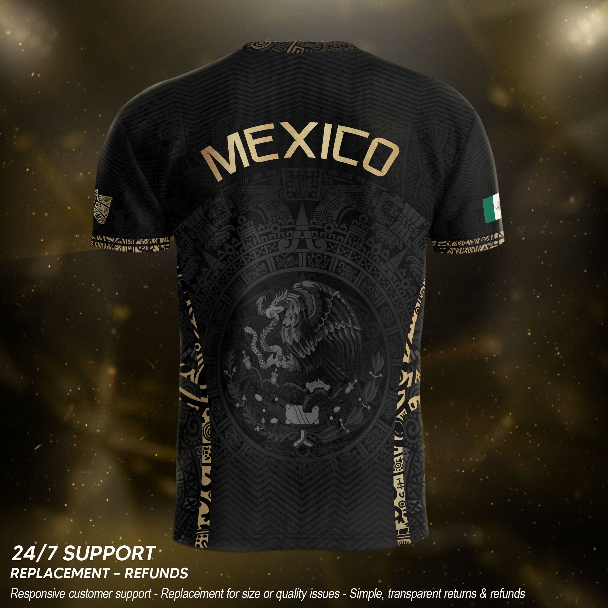 Camiseta de fútbol premium con emblema de águila azteca verde y dorado de México