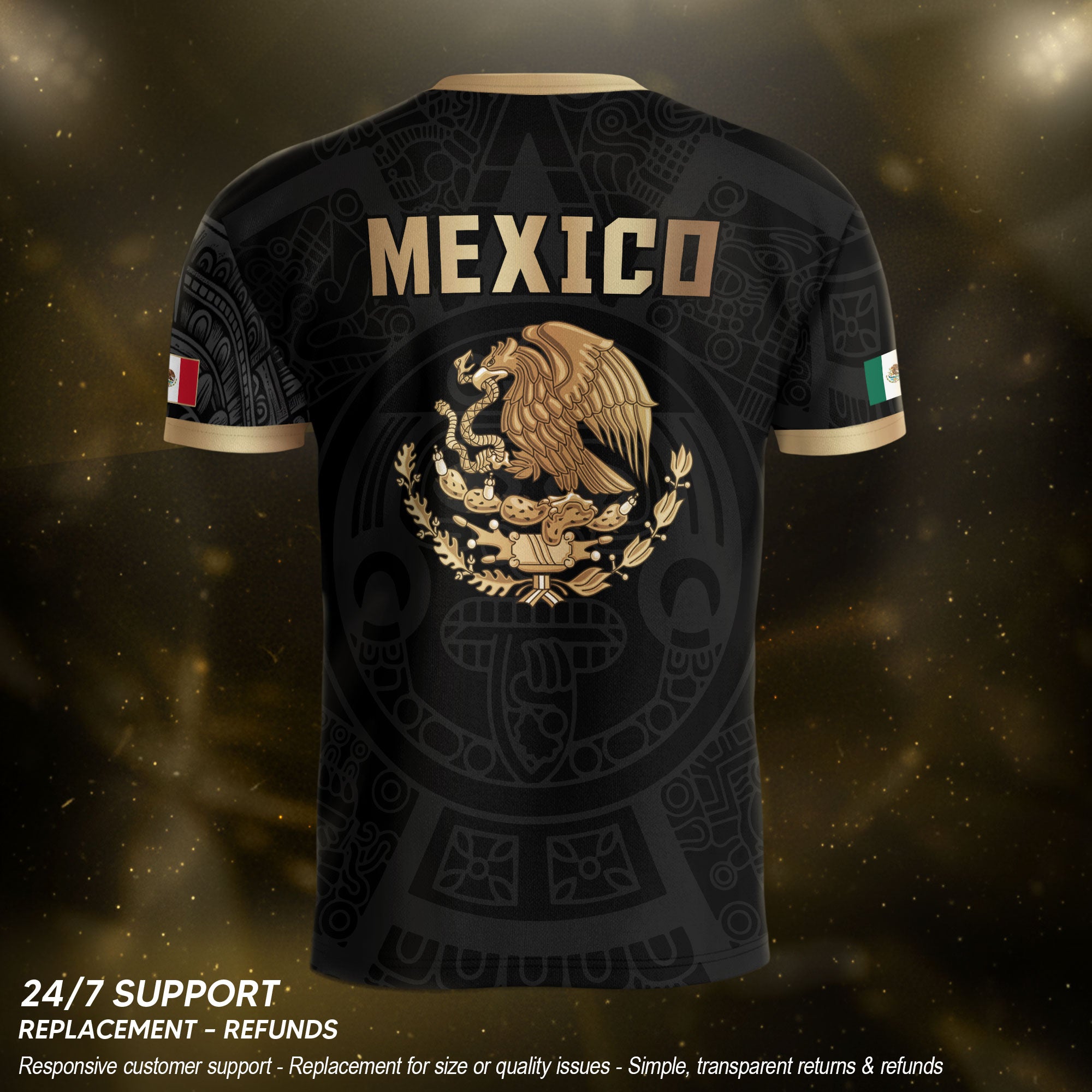 Camiseta de fútbol de la herencia del guerrero azteca del águila dorada negra de México