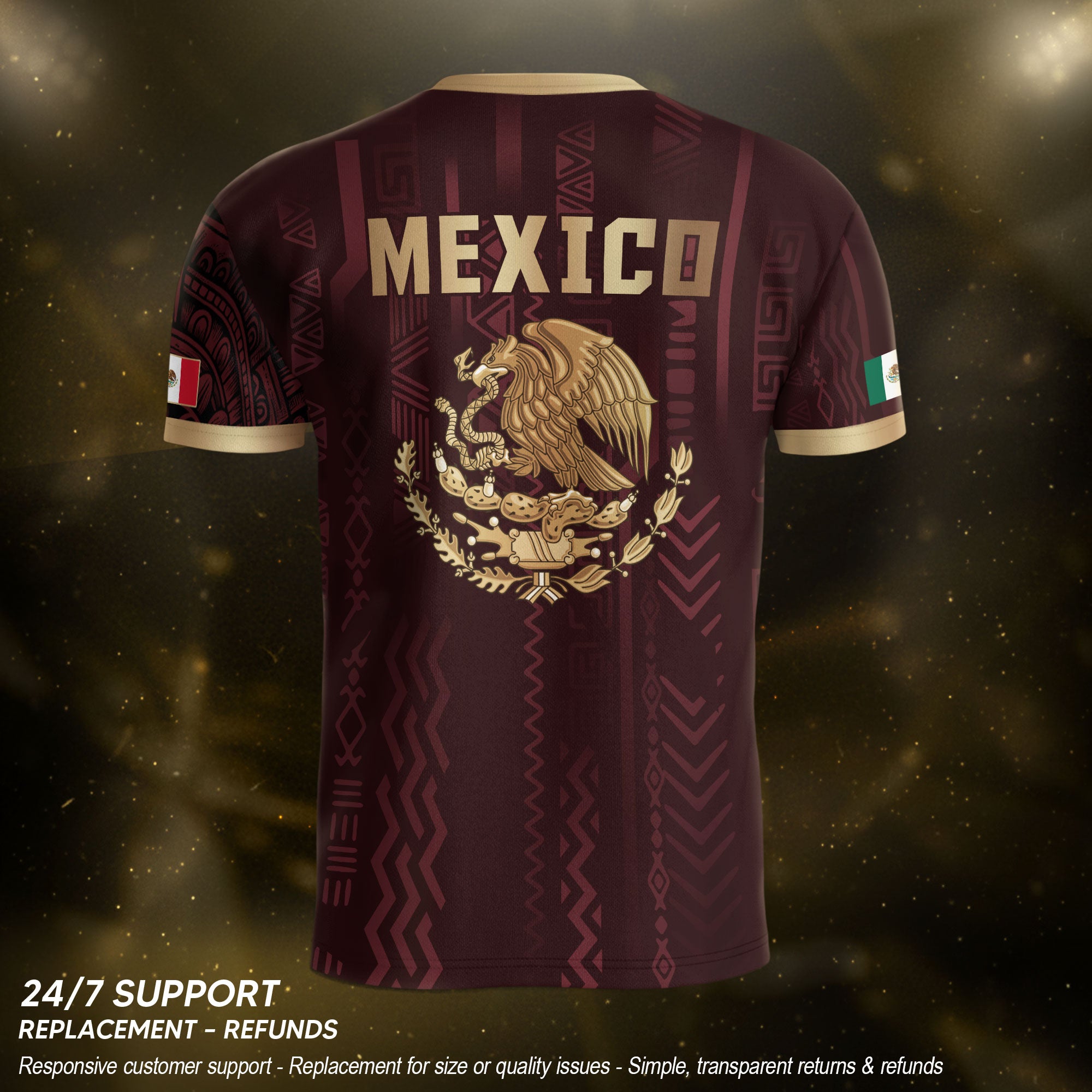 Camiseta de fútbol de la herencia del guerrero azteca del águila dorada negra de México