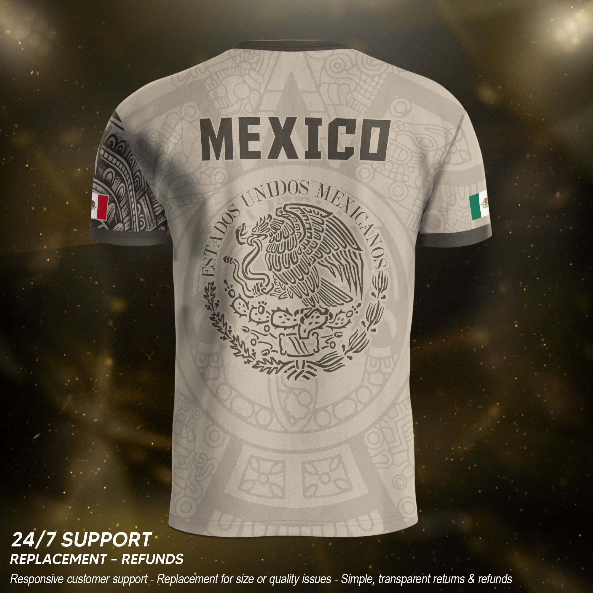 Camiseta de fútbol de la herencia del guerrero azteca del águila dorada negra de México