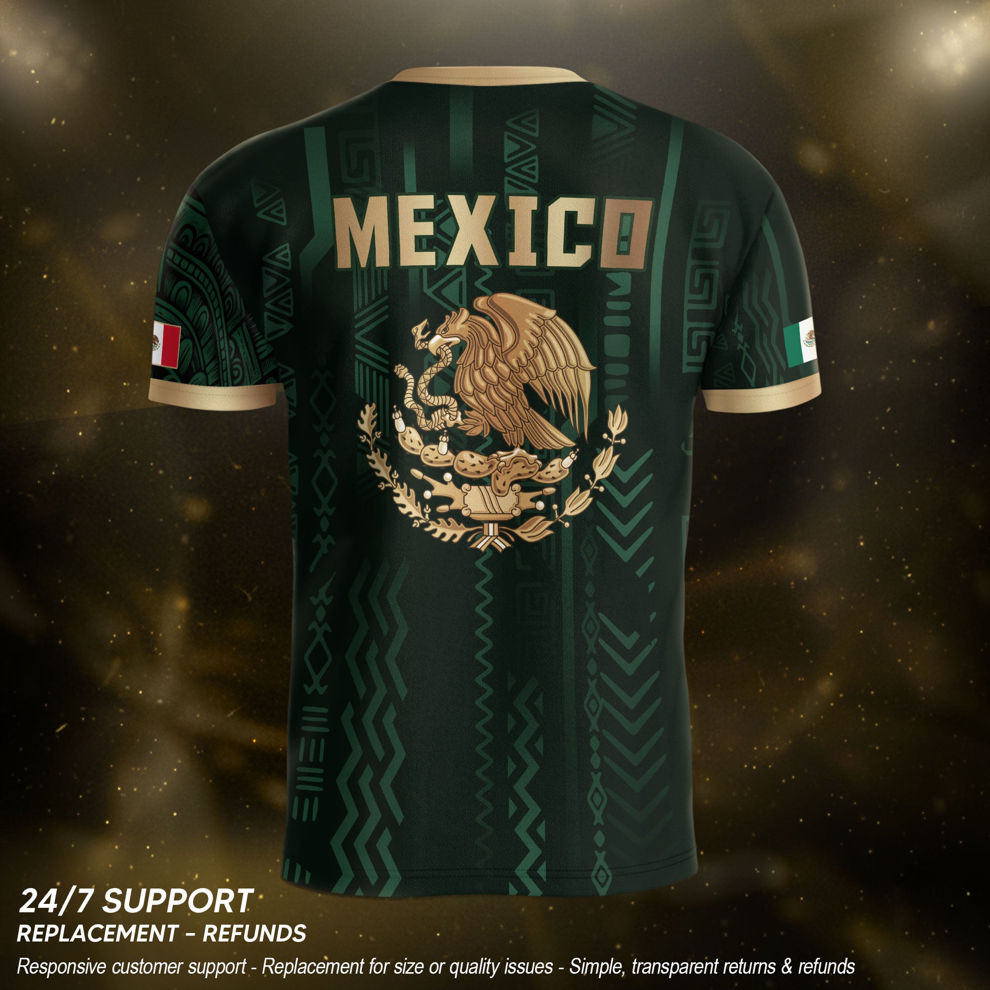 Camiseta de fútbol de la herencia del guerrero azteca del águila dorada negra de México