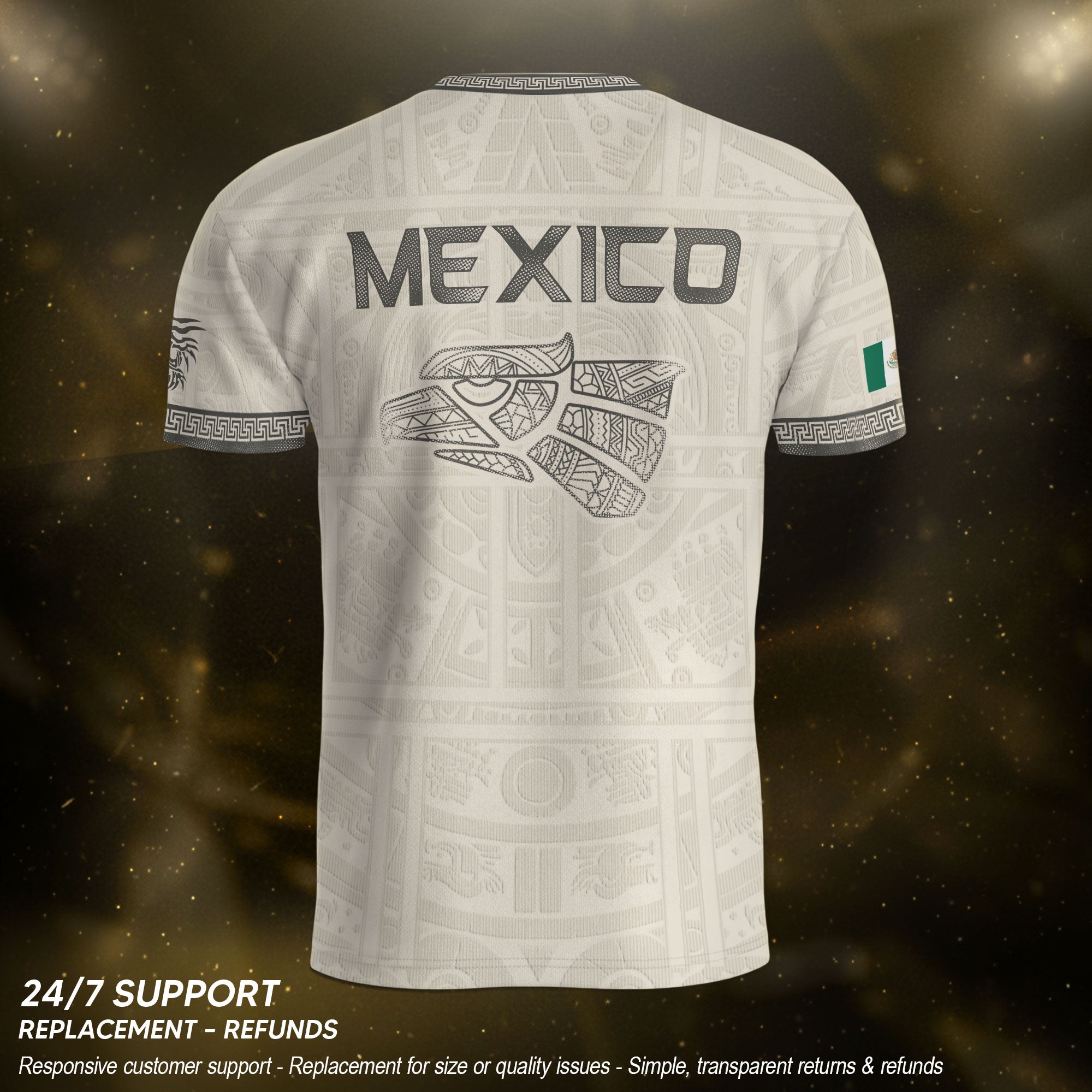 Camiseta de fútbol premium con emblema de águila azteca verde y dorado de México