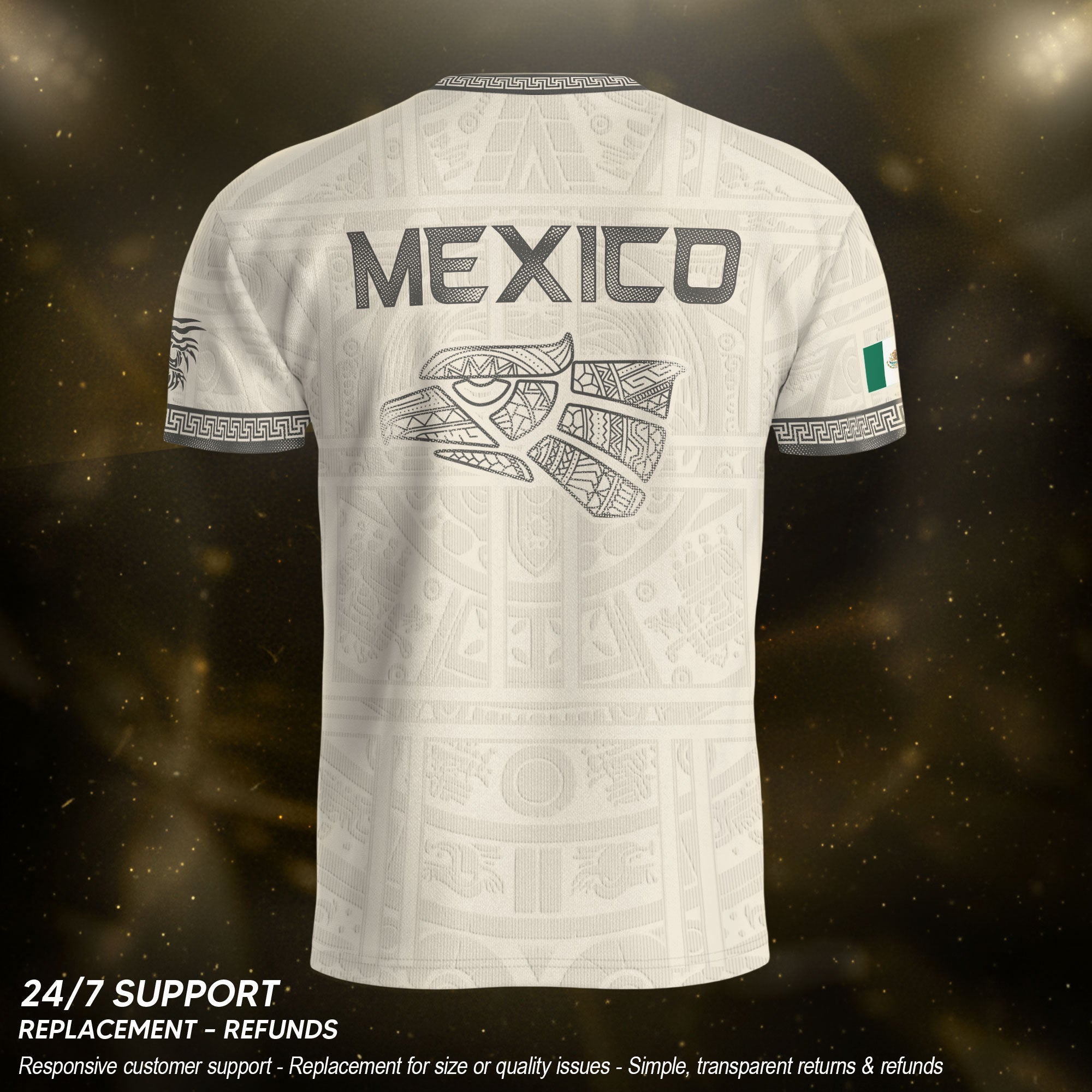 Camiseta de fútbol premium con emblema de águila azteca verde y dorado de México