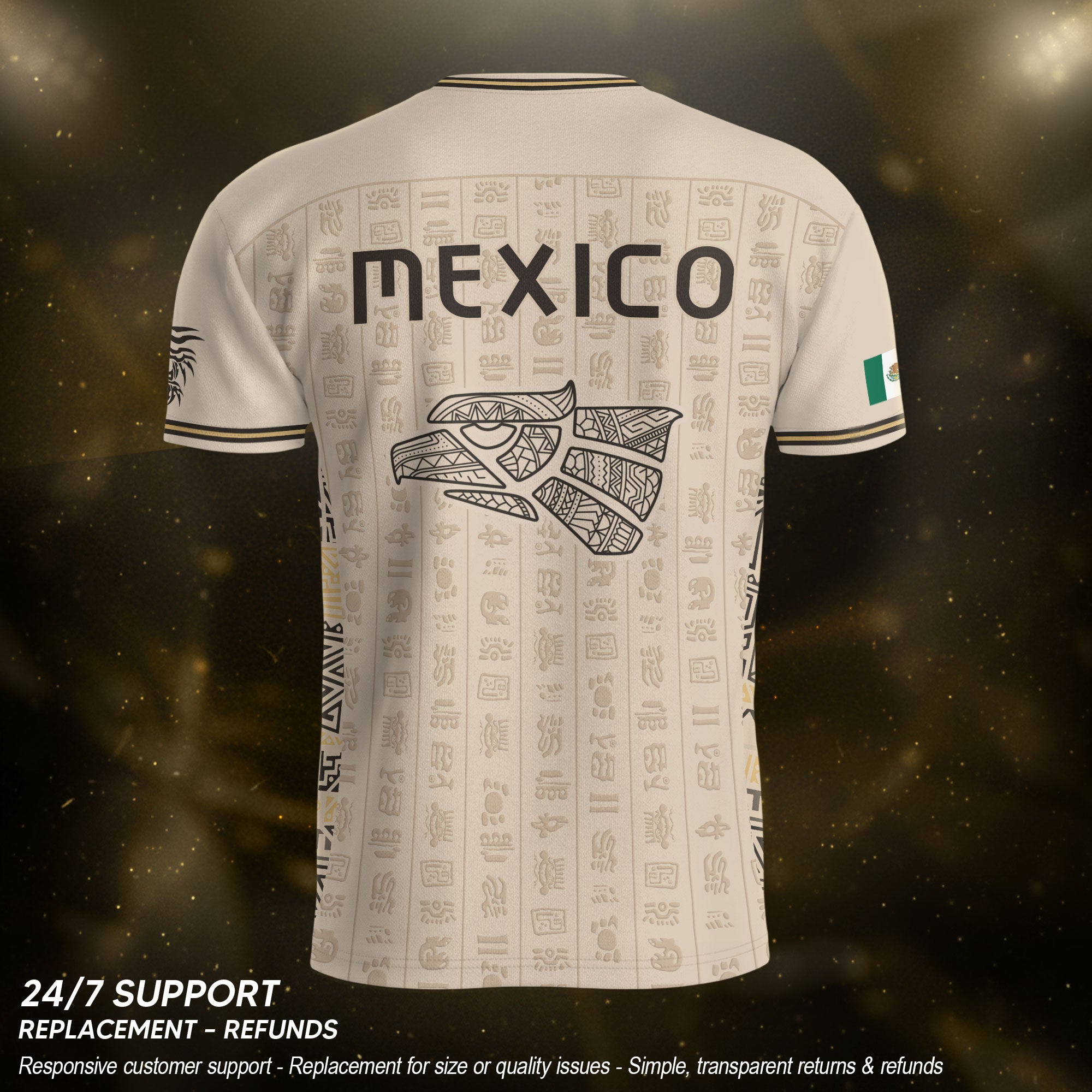 Camiseta de fútbol premium con emblema de águila azteca verde y dorado de México