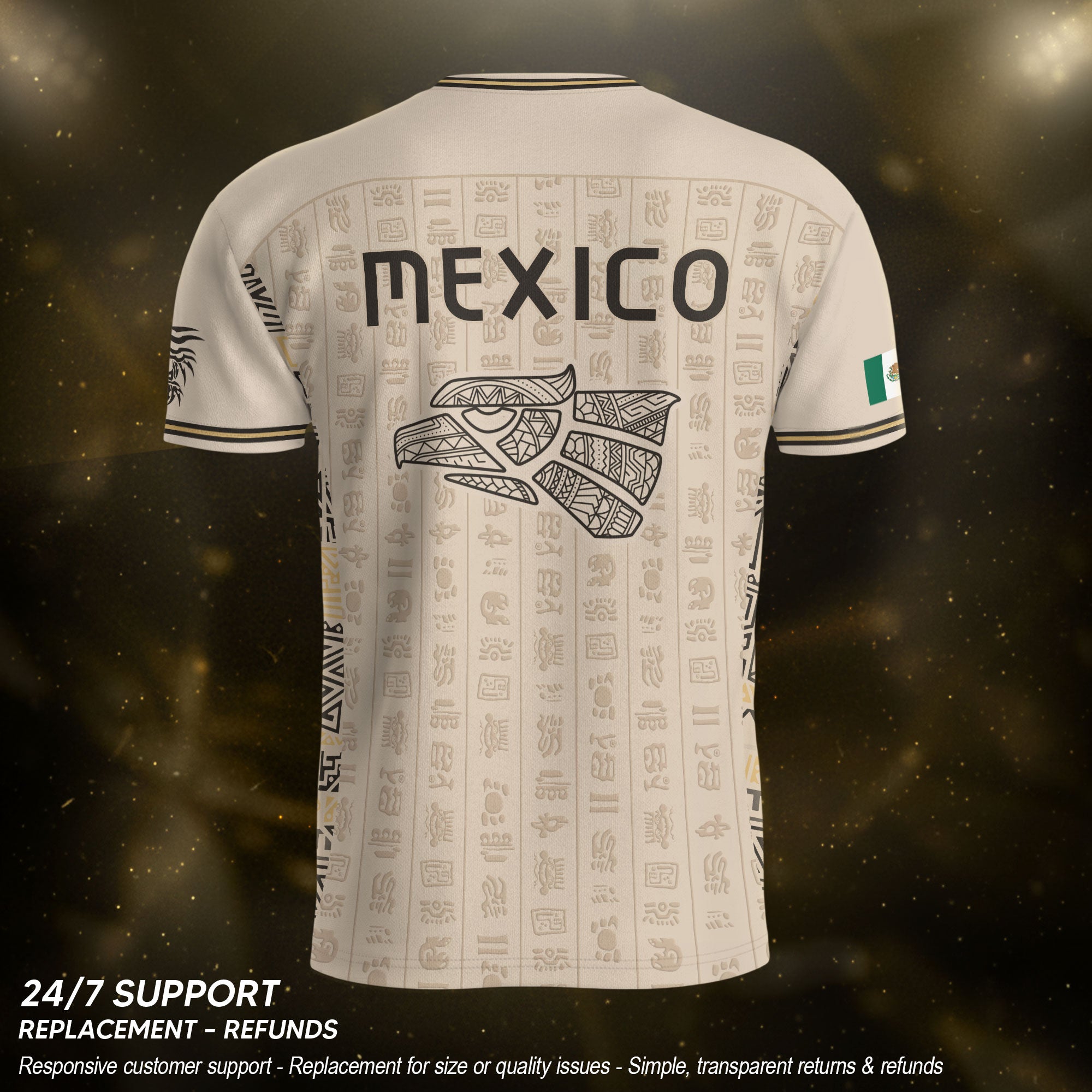 Camiseta de fútbol premium con emblema de águila azteca verde y dorado de México