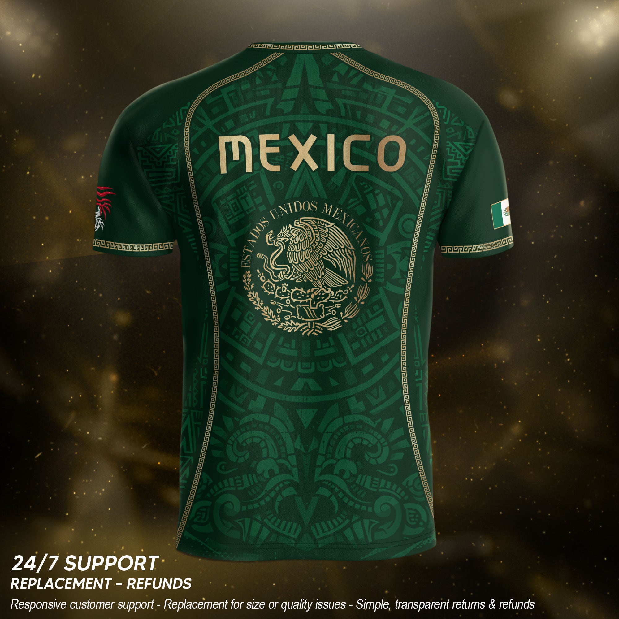 Camiseta de fútbol premium con emblema de águila azteca verde y dorado de México