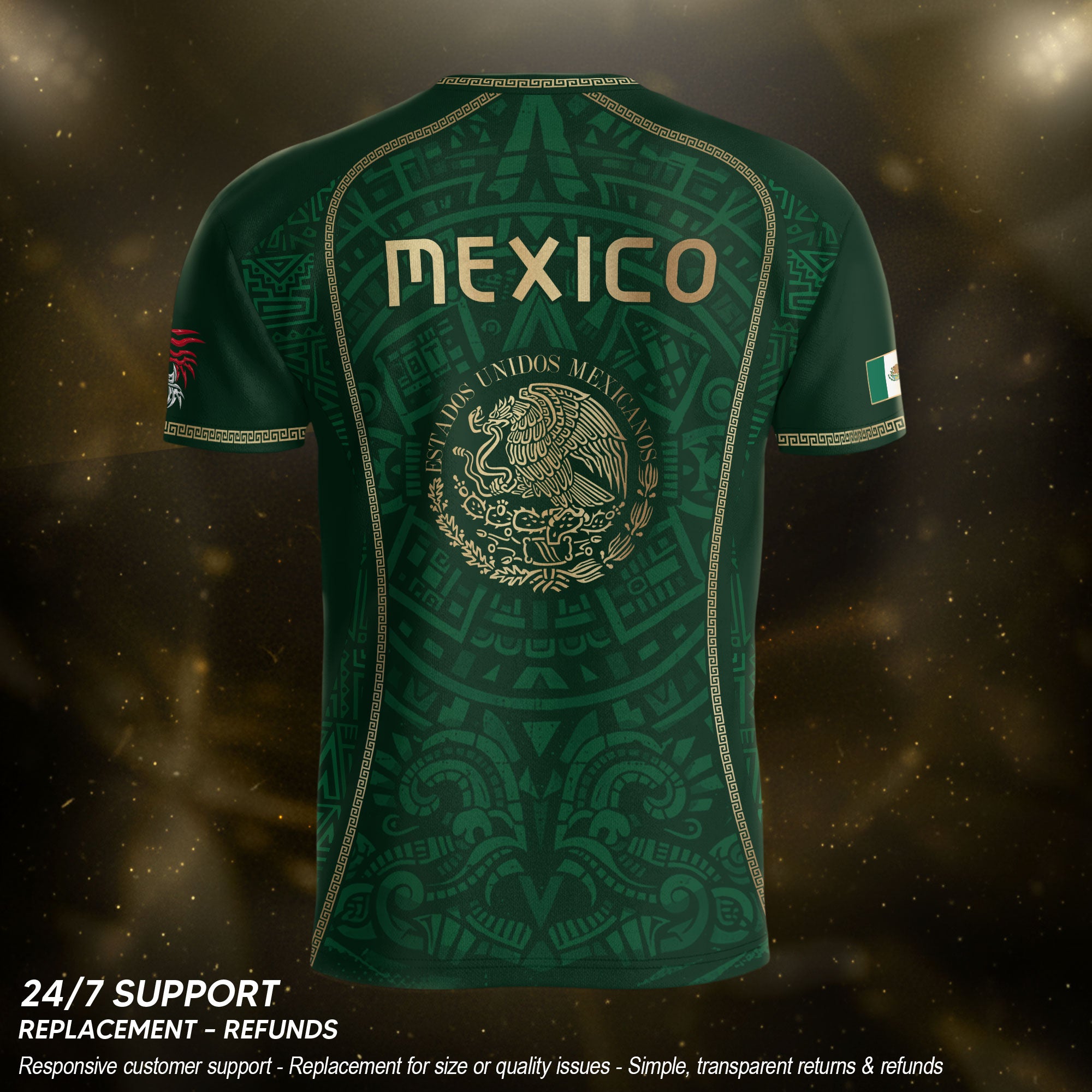 Camiseta de fútbol premium con emblema de águila azteca verde y dorado de México