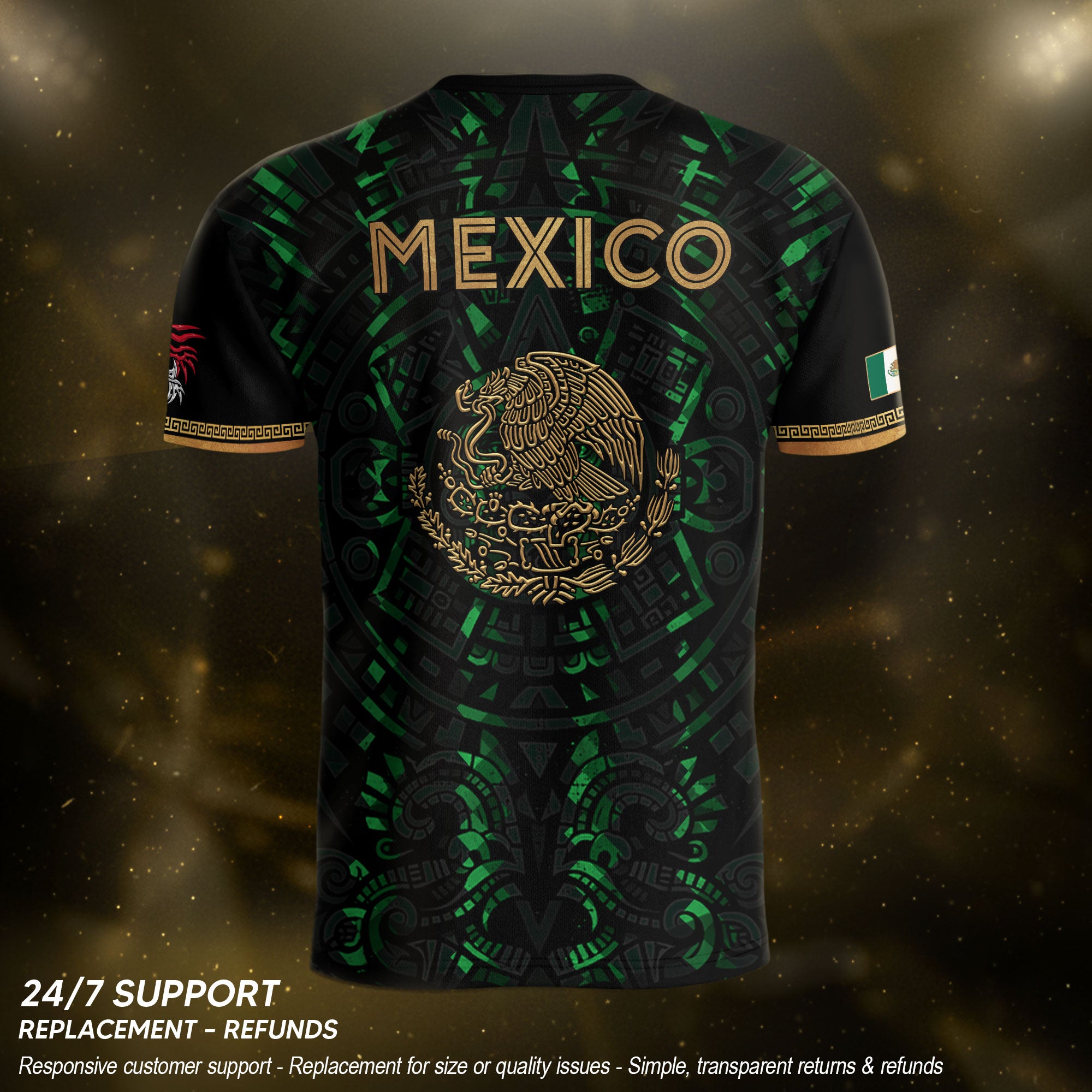 Camiseta de fútbol premium con emblema de águila azteca verde y dorado de México