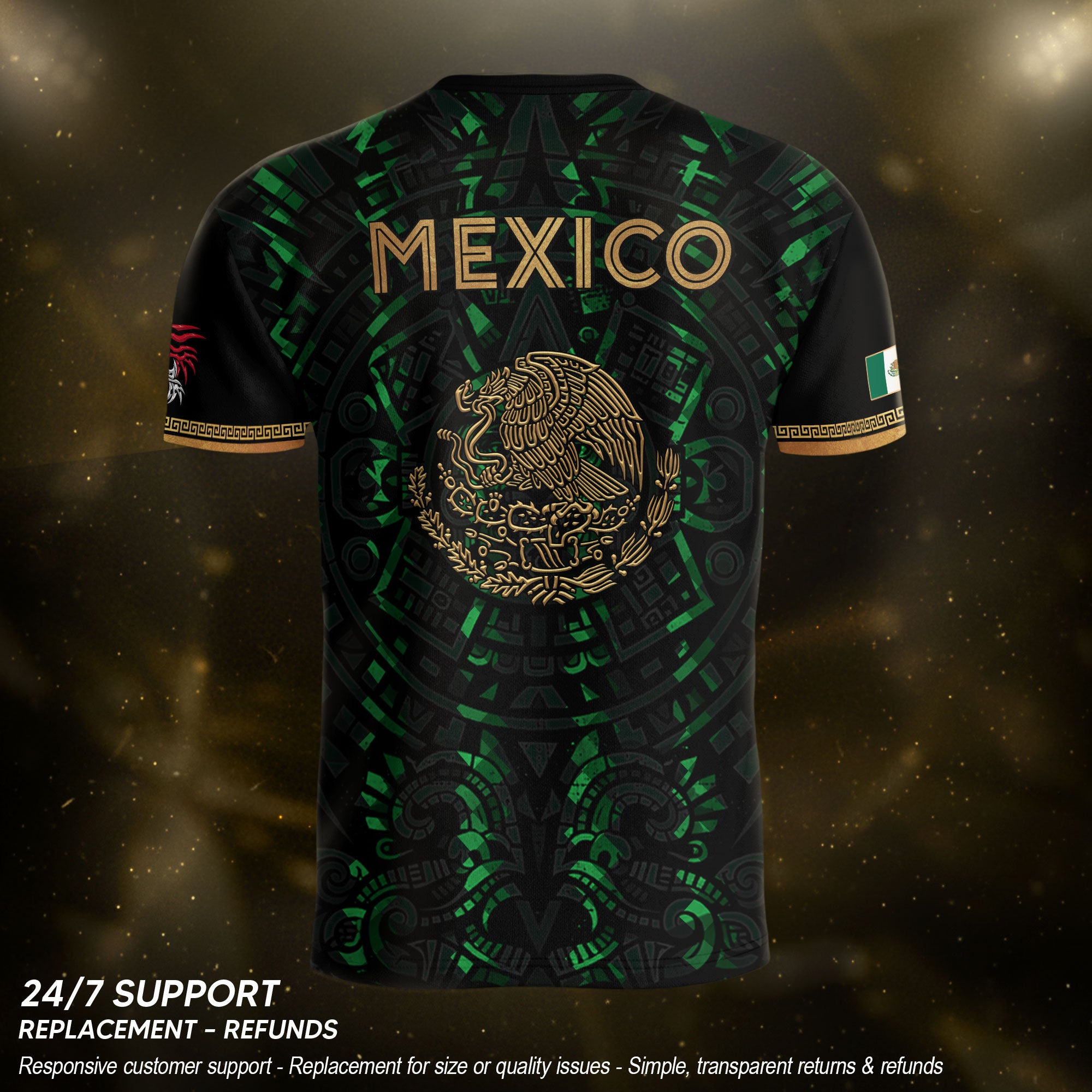 Camiseta de fútbol premium con emblema de águila azteca verde y dorado de México