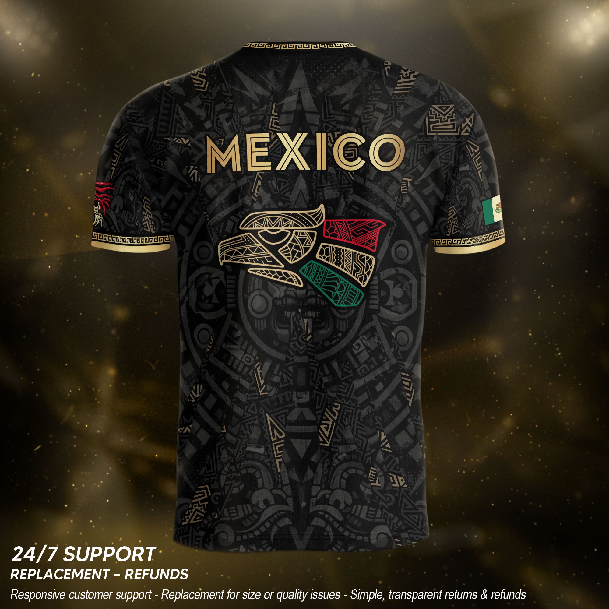 Camiseta de fútbol premium con emblema de águila azteca verde y dorado de México