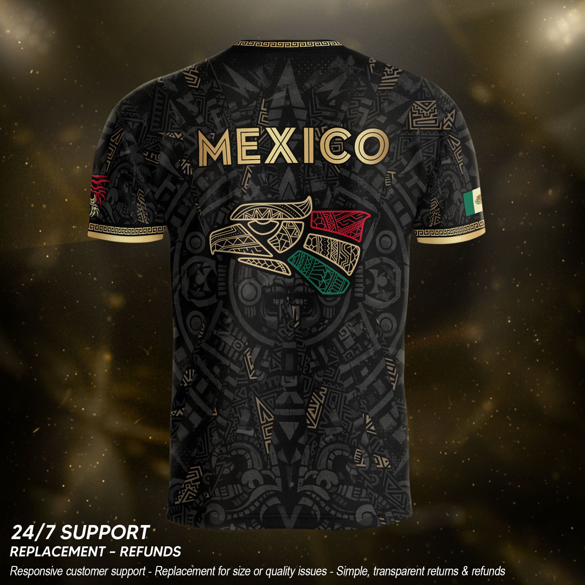 Camiseta de fútbol premium con emblema de águila azteca verde y dorado de México