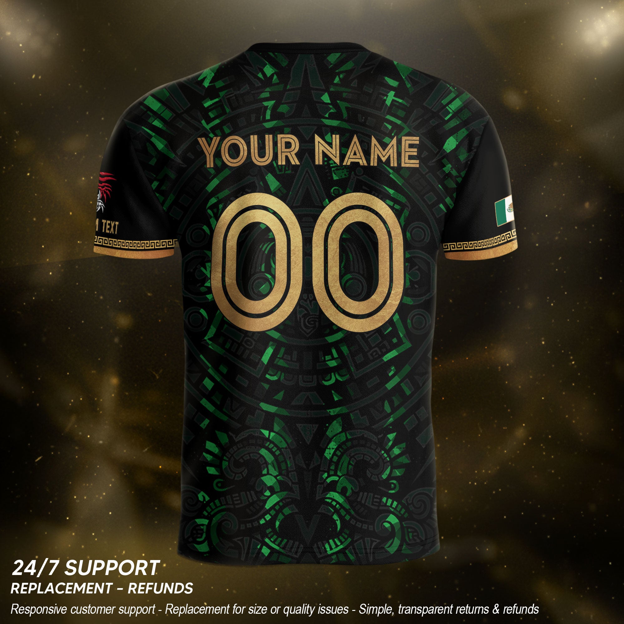 Camiseta de fútbol premium con emblema de águila azteca verde y dorado de México