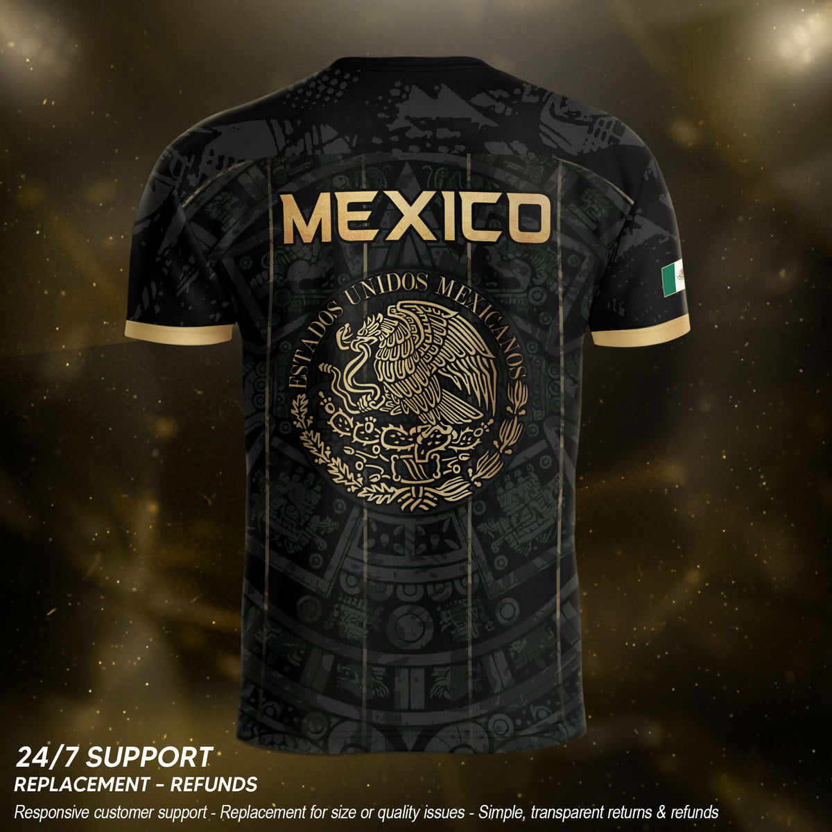 Men's Black Mexico Aztec Calendar Graphic T-Shirt – Gold Mexico Eagle Heritage Print Tee