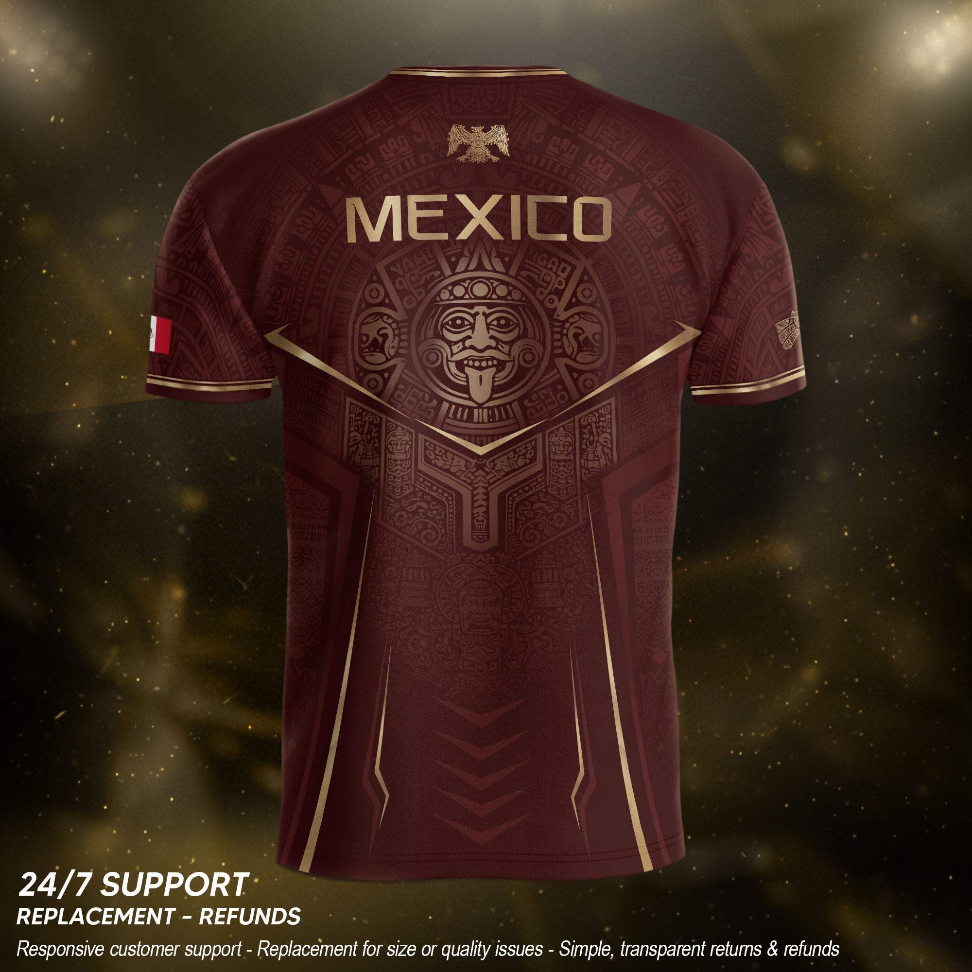 Camiseta de fútbol premium con emblema de águila azteca verde y dorado de México