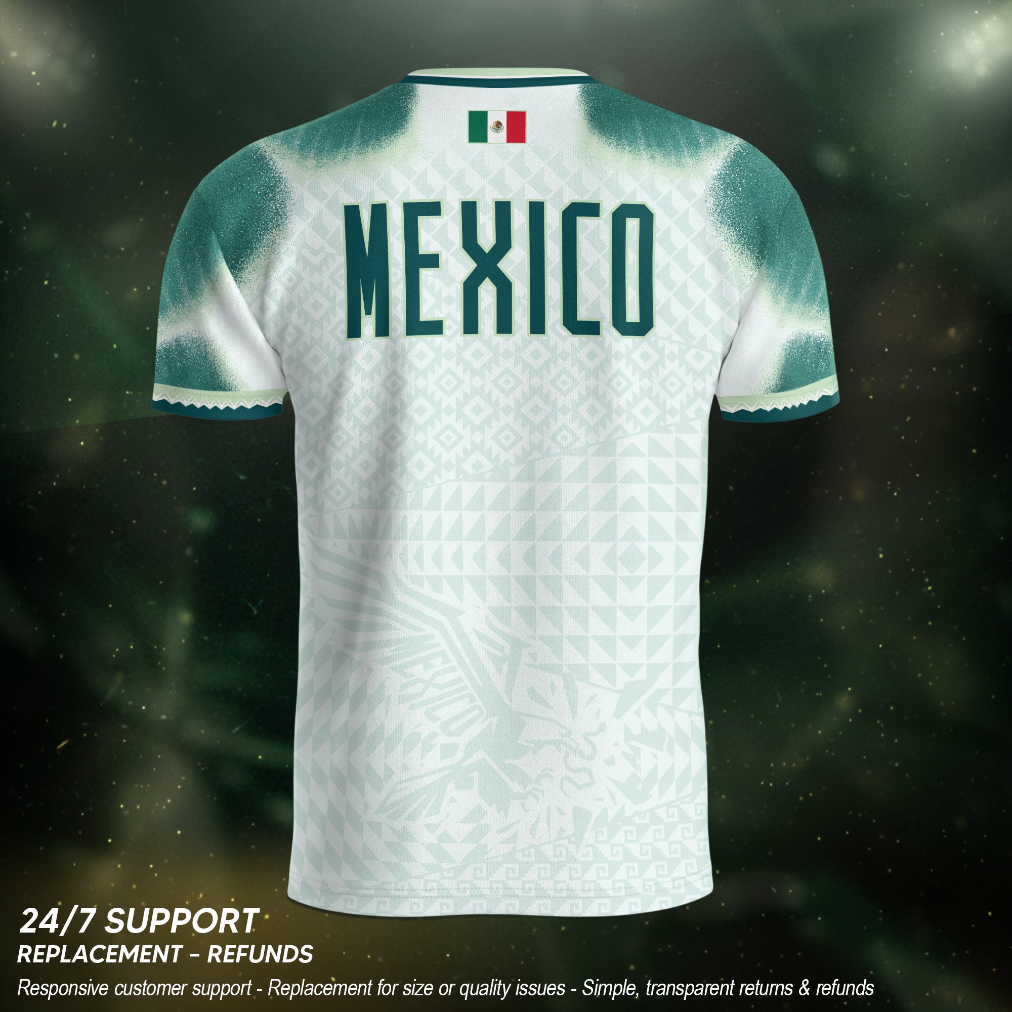 Camiseta de fútbol premium con emblema de águila azteca verde y dorado de México