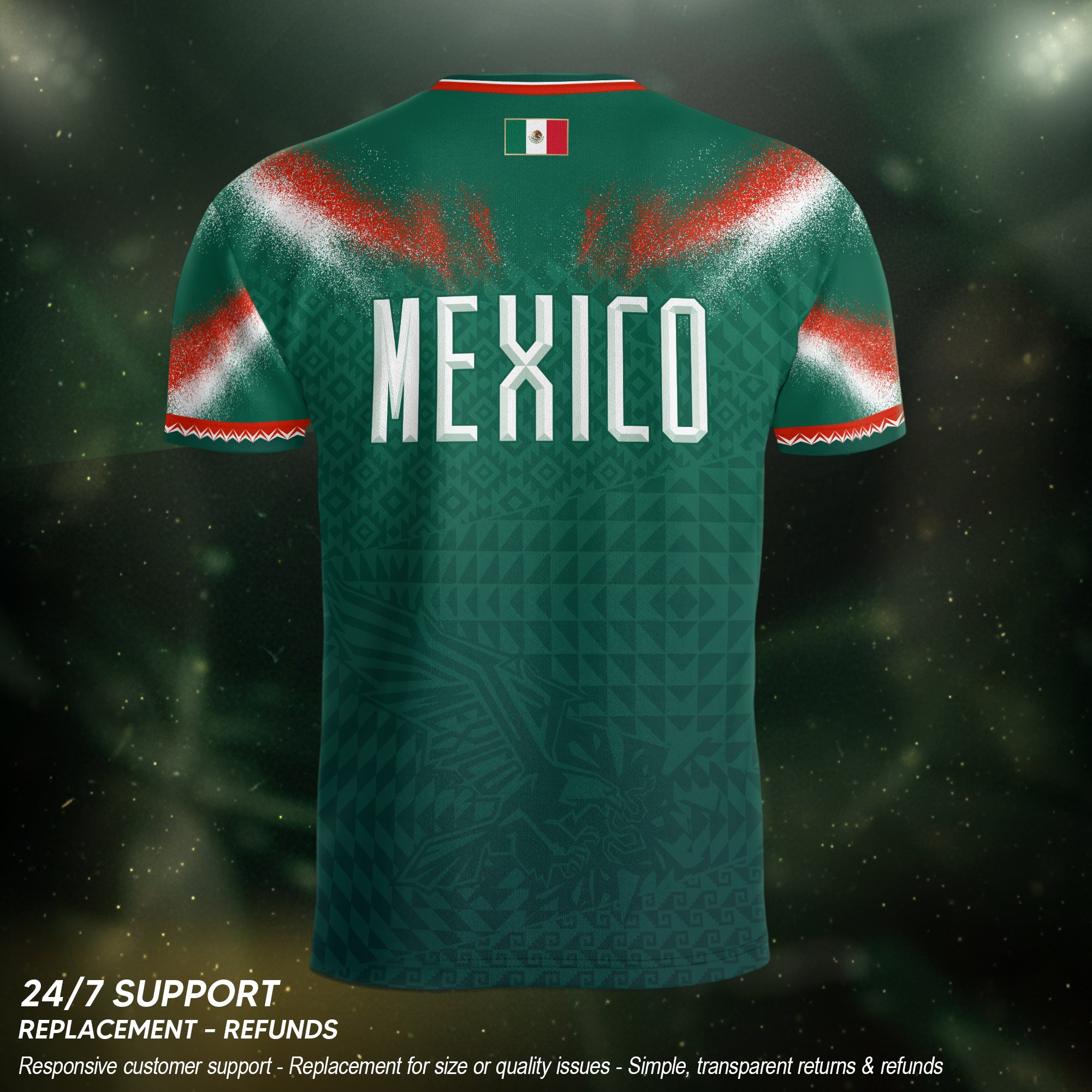 Camiseta de fútbol premium con emblema de águila azteca verde y dorado de México