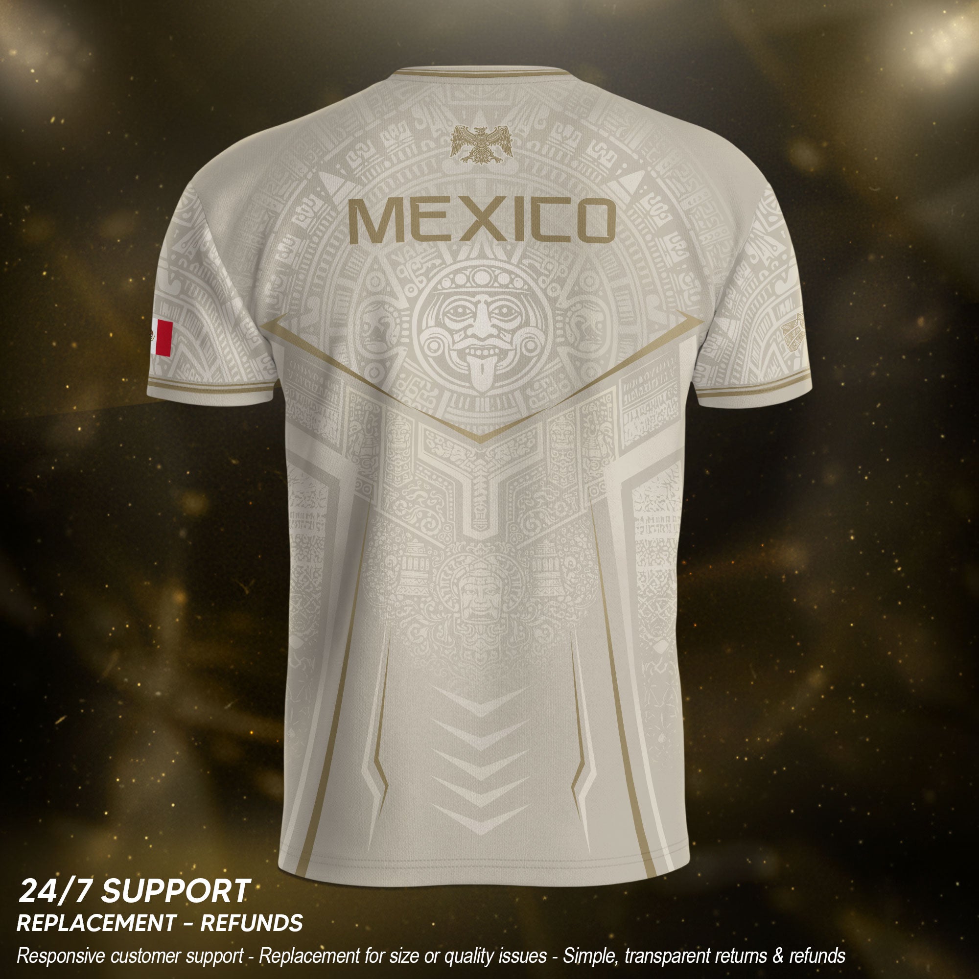 Camiseta de fútbol premium con emblema de águila azteca verde y dorado de México