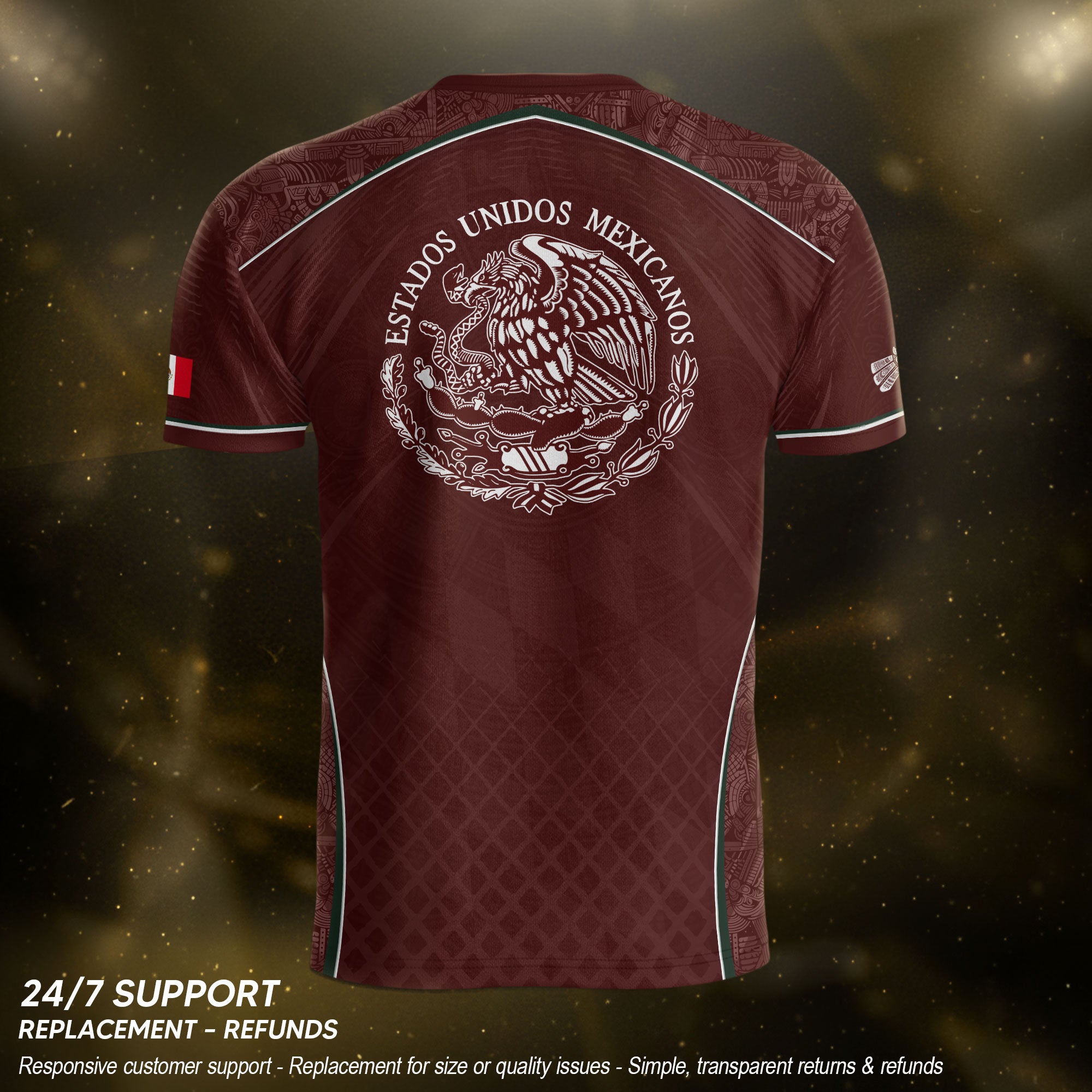 Camiseta de fútbol premium con emblema de águila azteca verde y dorado de México