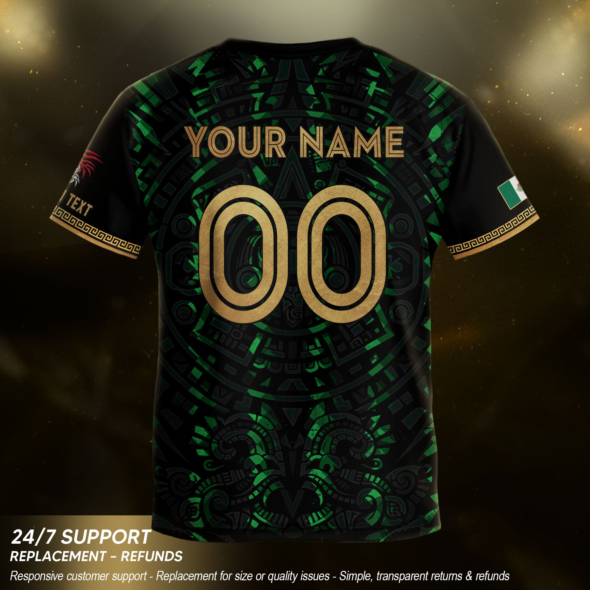 Custom Kid Mexico Soccer Jersey Black Green Design Tribal Pattern Sport Shirt