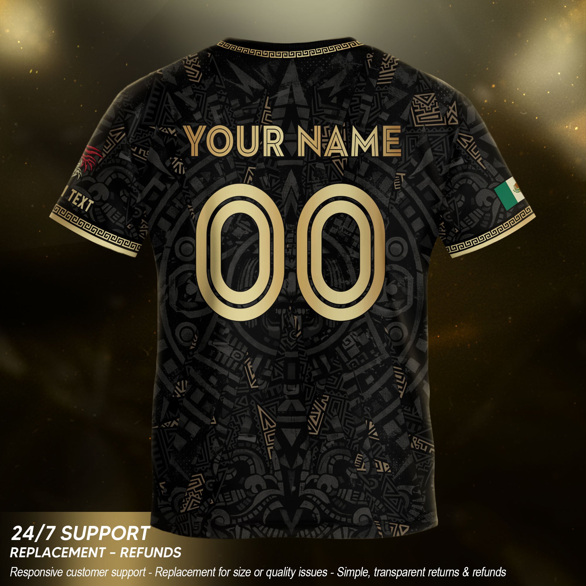 Custom Kid Mexico Soccer Jersey Black Gold Edition Mayan Print Custom Name Tee