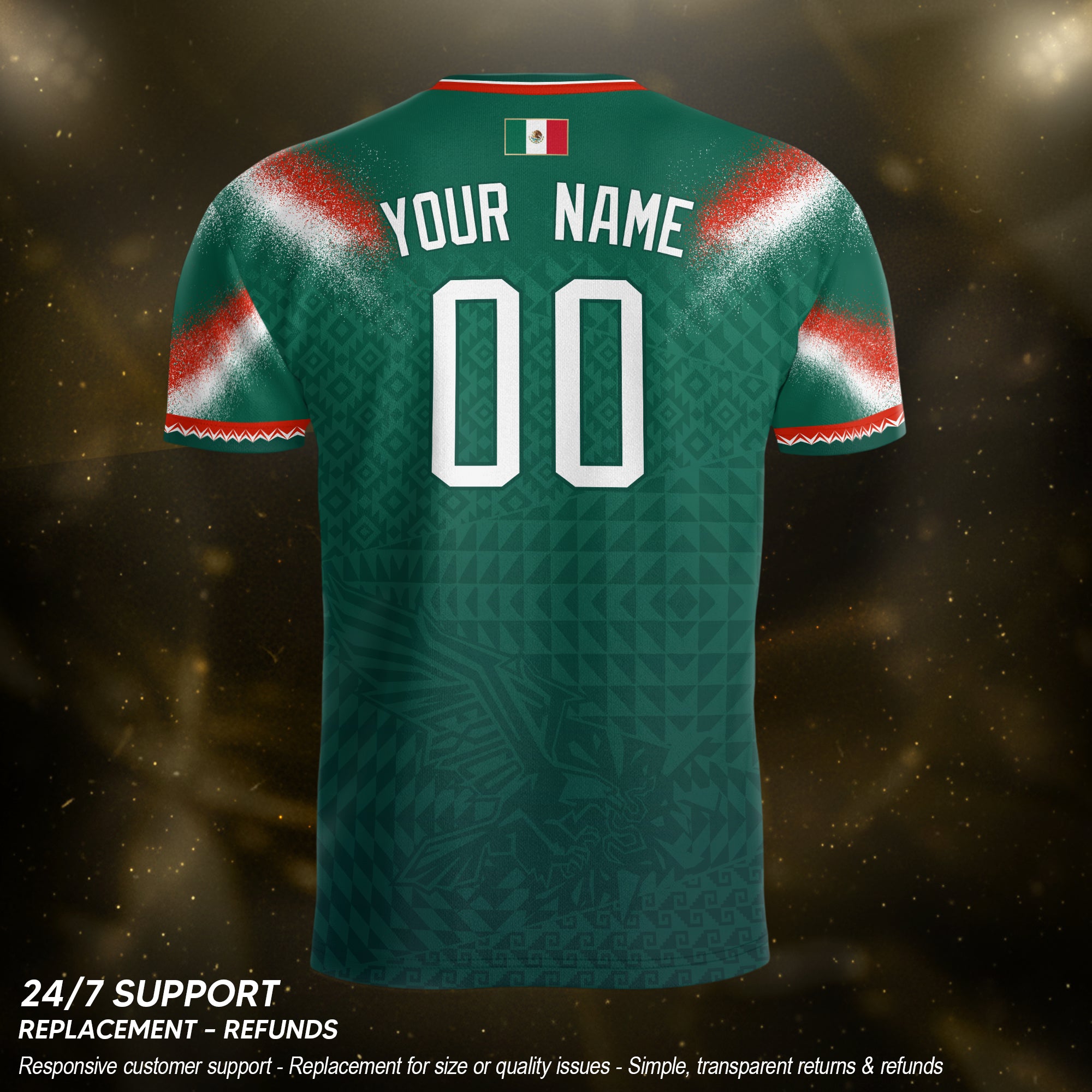 Camiseta de fútbol premium con emblema de águila azteca verde y dorado de México