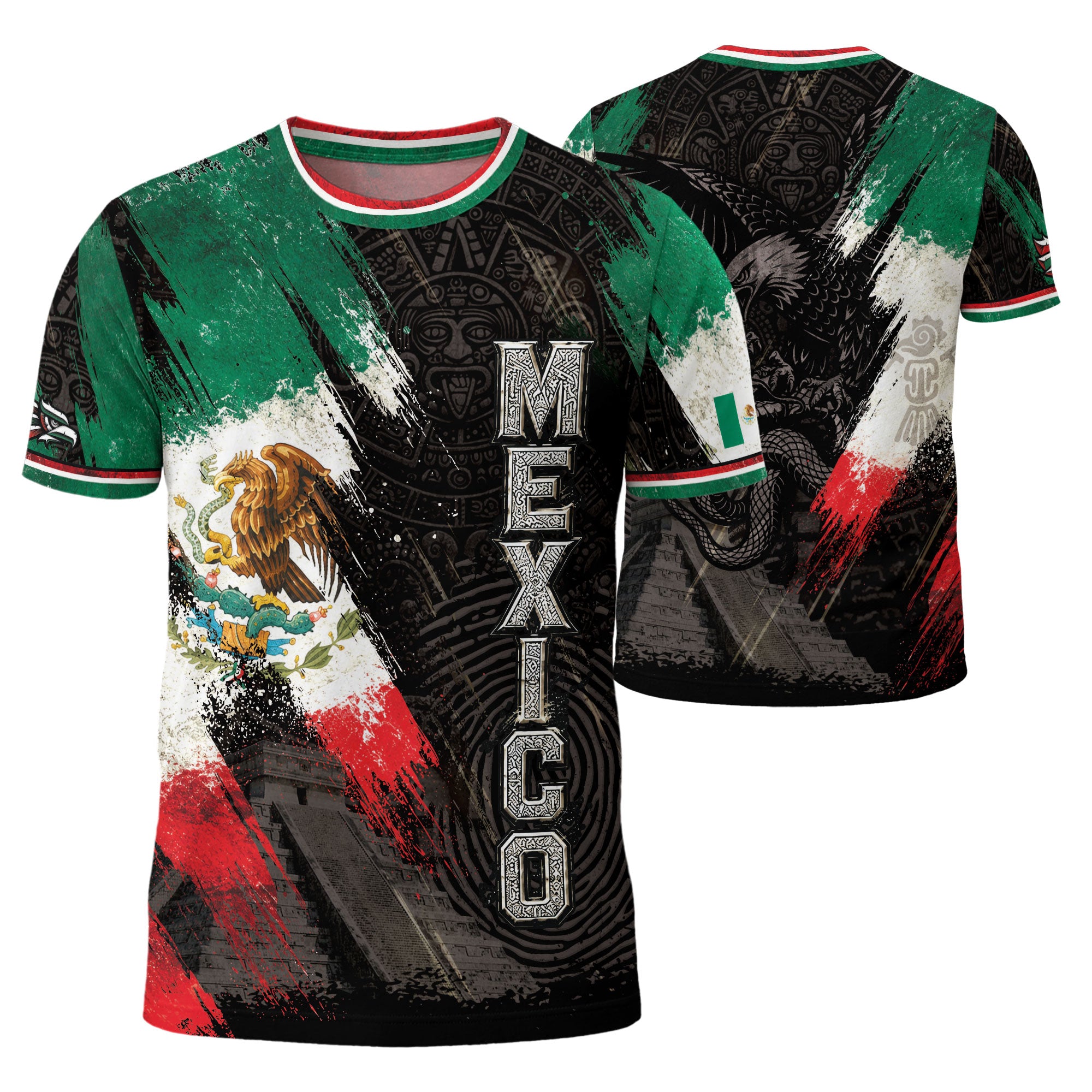 Mexico T-Shirt All Over Print Aztec Eagle Mexican Flag Shirt Men Graphic Tee