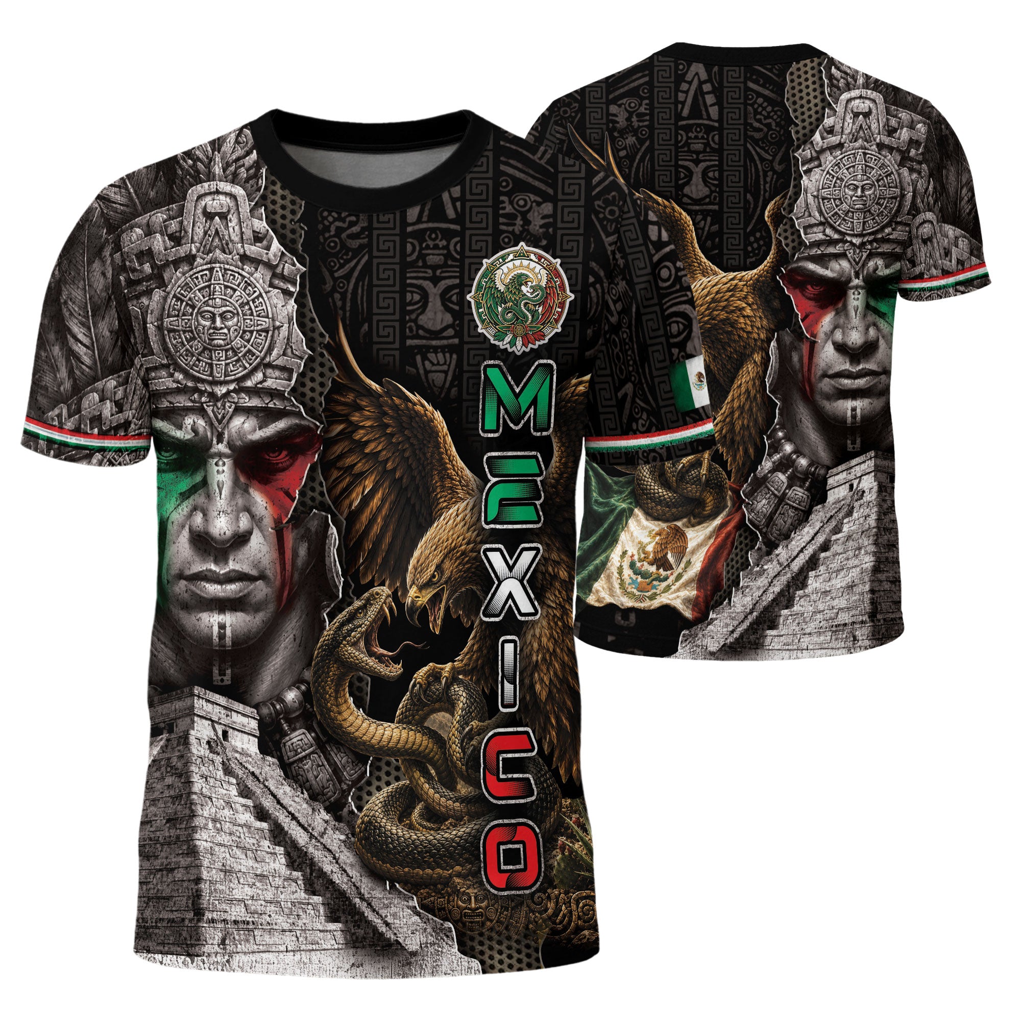 Mexico T-Shirt Aztec Warrior Mayan Pyramid Eagle Serpent Graphic Tee Shirt